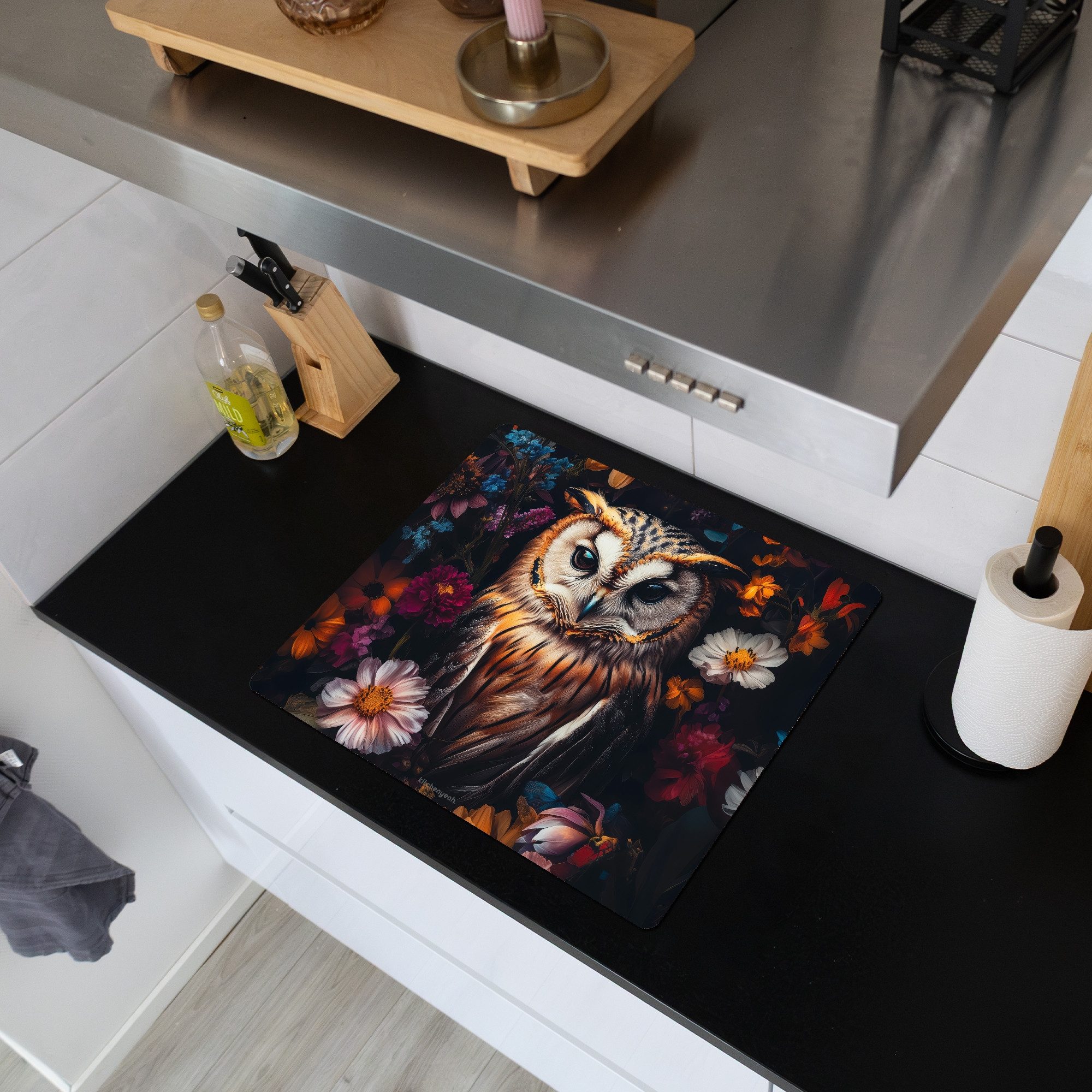 KitchenYeah Küchenrückwand Eule - Blumen - Farbenfroh - Natur, (1-tlg), Ceranfeldabdeckung Küche, Herdabdeckplatte Einteilig, 59x51 cm