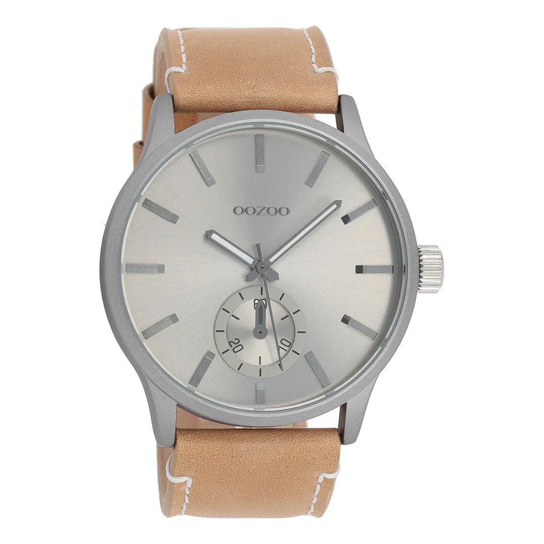 OOZOO Quarzuhr Herrenuhr C9081 – 45mm Analoguhr mit grauem Gehäuse und beigem, Lederarmband für moderne und stilvolle Looks