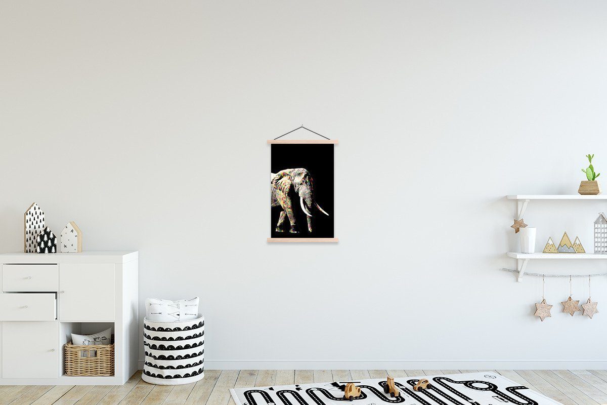 MuchoWow Poster Elefant - Schwarz - Farben, (1 St), Posterleiste, Textilposter für Wohnzimmer, Bilderleiste, Magnetisch