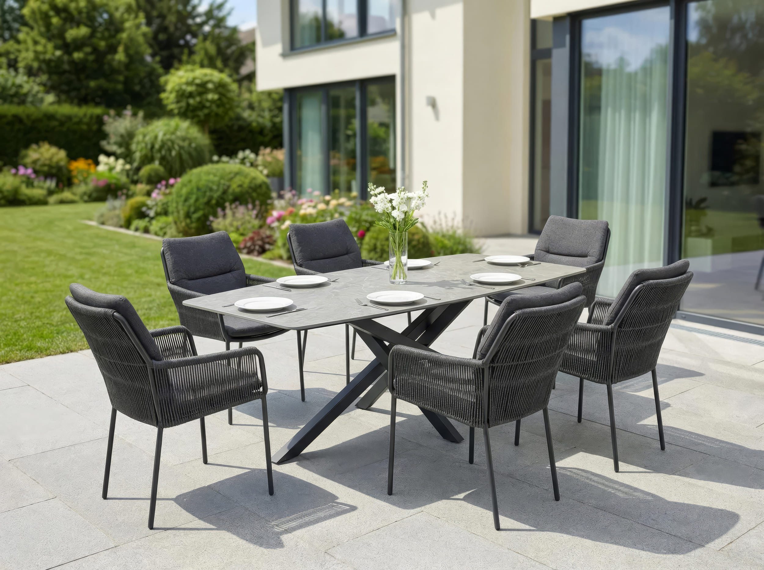 LC Garden Gartenlounge-Set Gartenset »Como« Esstisch 220cm Beton-Optik mit Armlehnstühlen Rope, (6-tlg)