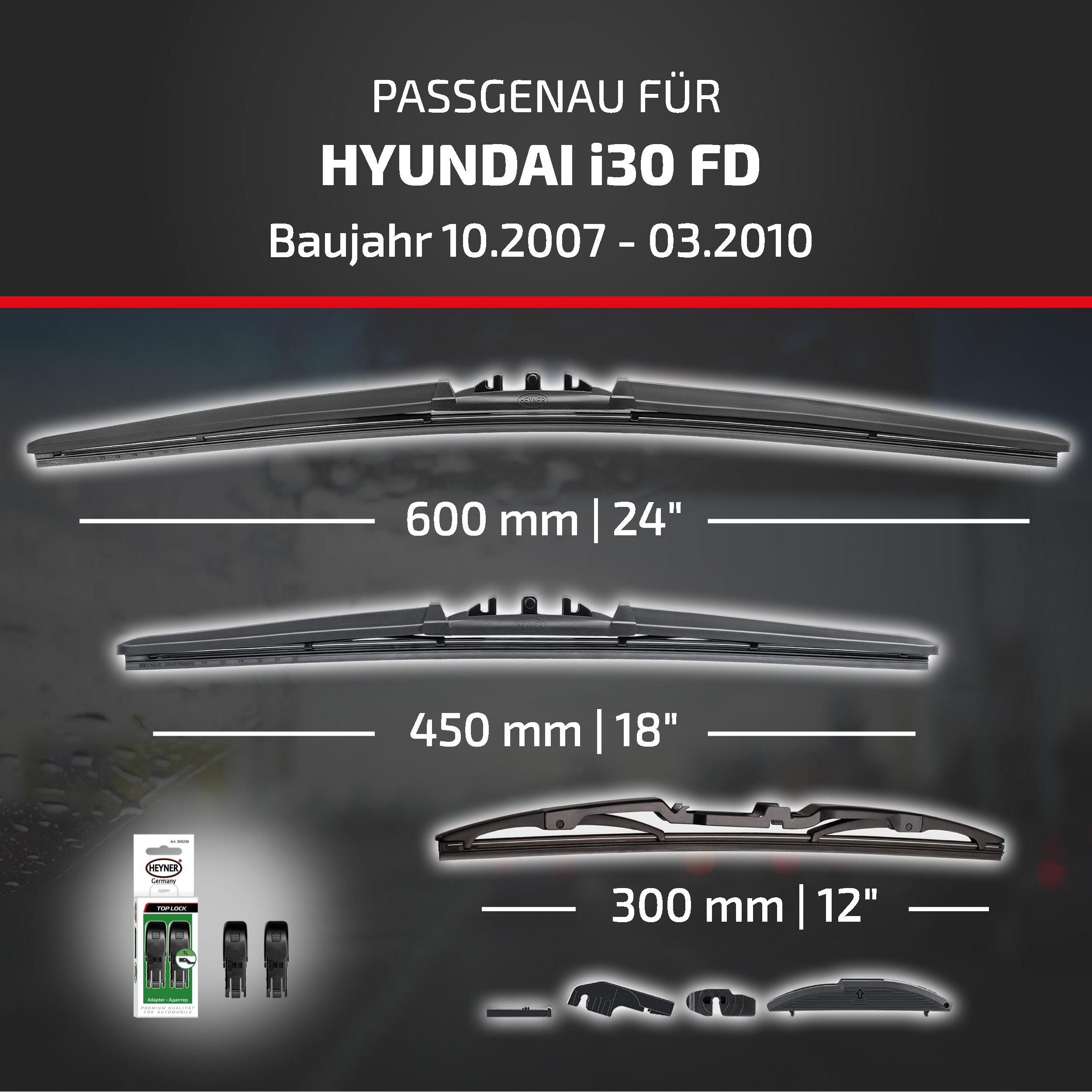 HEYNER Scheibenwischblätter passend für HYUNDAI i30, 10.2007 - 03.2010, Front- und Heckscheibe, (Packung, 3-St., Scheibenwischer mit Heckwischer), mit Nano Graphit Beschichtung