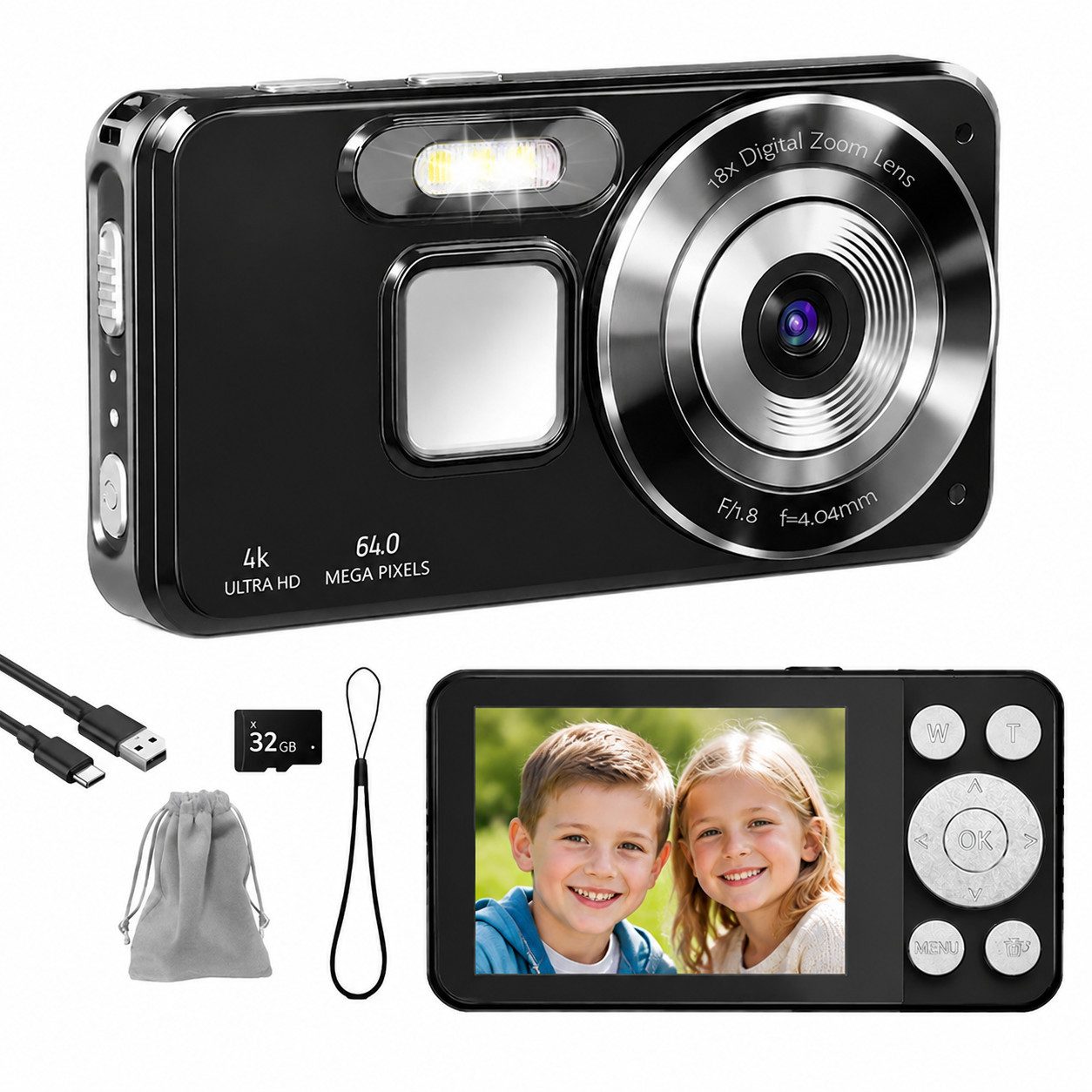 XEOOCE Digitalkamera 4K 64MP 2,8 Zoll LCD 18x Zoom Vlog Kamera Kompaktkamera (64 MP, 32-GB-SD-Karte, Transporttasche, USB-C-Kabel)