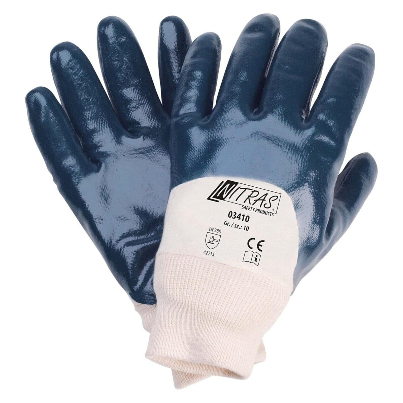 Nitras Nitril-Handschuhe 03410 Strickbund Nitrilhandschuhe 3/4 beschichtet blau (Packung, 12-St., VPE= 12 Paar, Gr. 8-11) Robust/Arbeitshandschuh