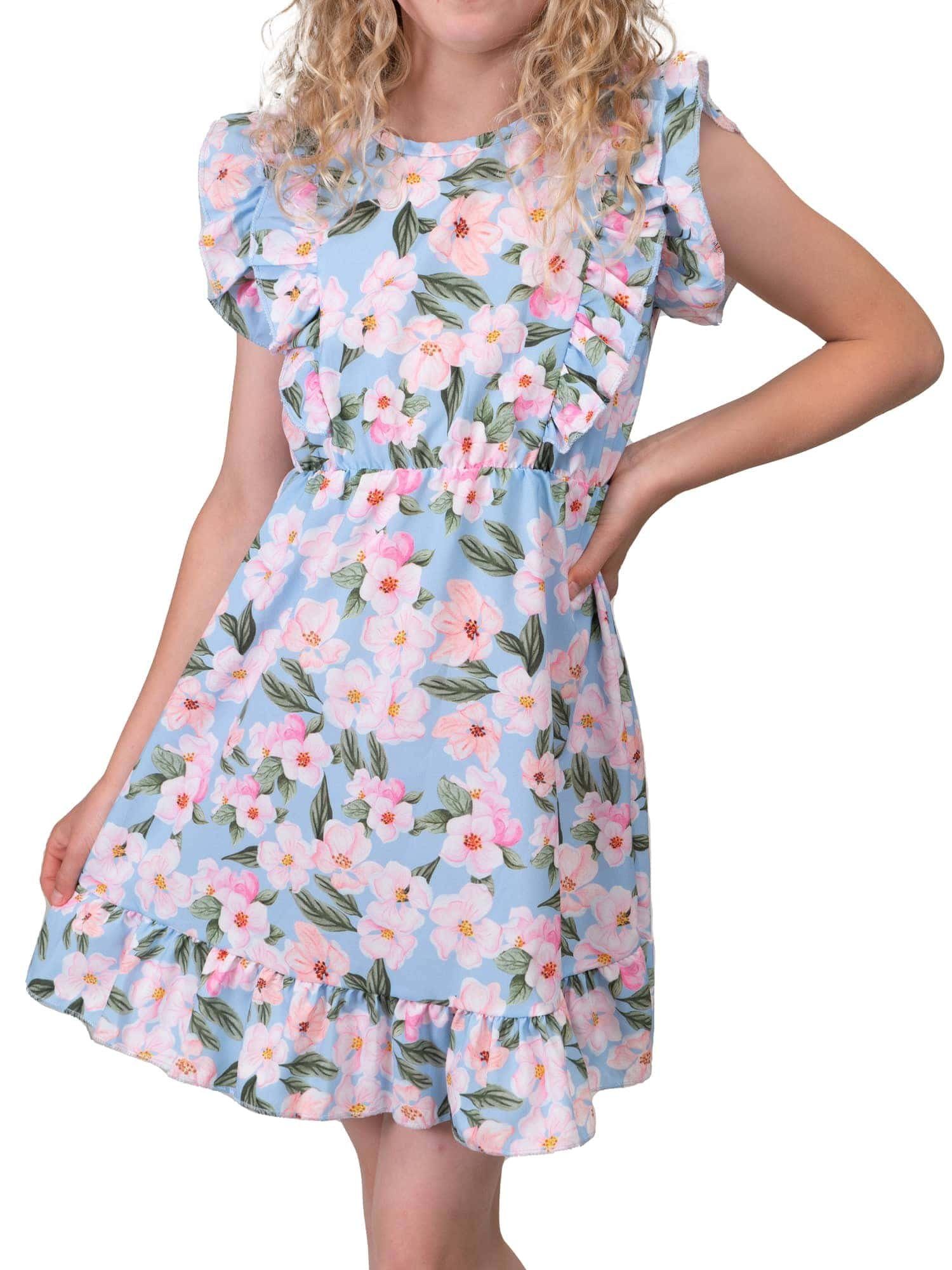 KMISSO Sommerkleid Mädchen Kleid mit Volants Blumenmotiv 30384 (1-tlg) bequem zu tragen Hellblau