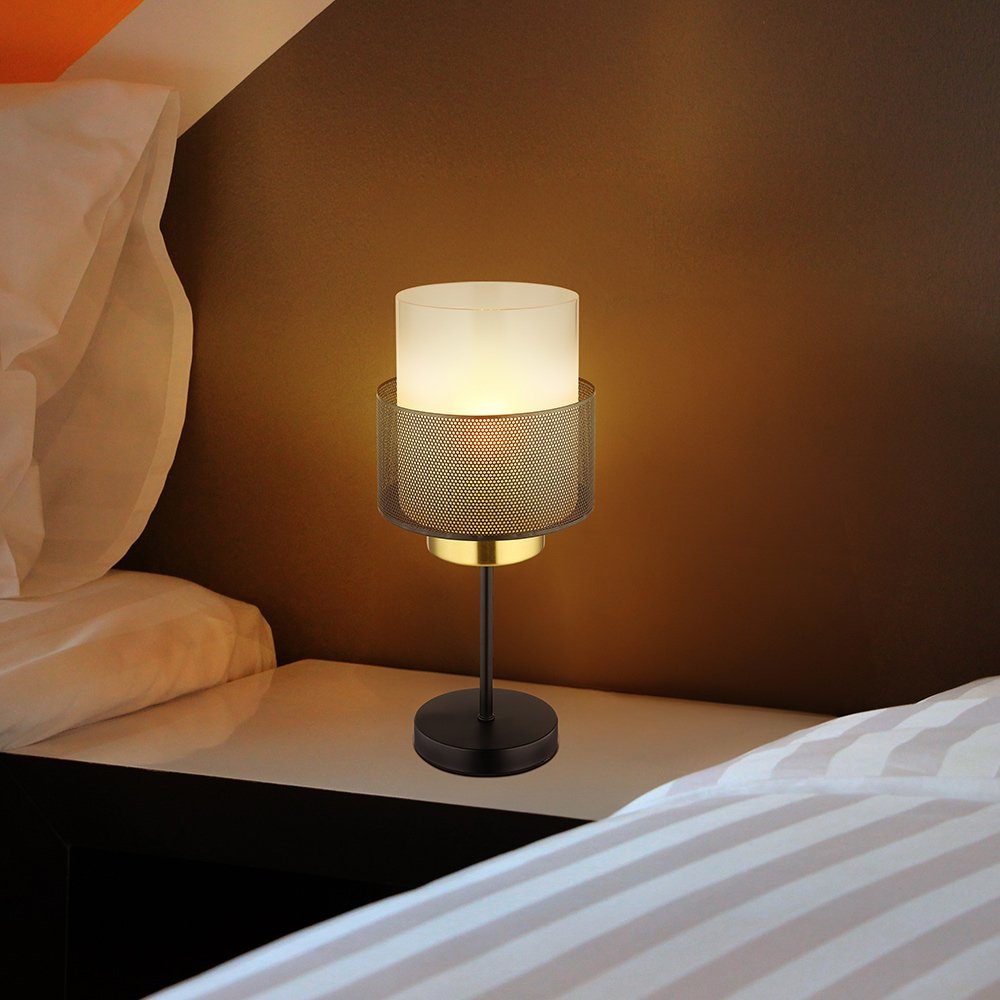 GLOBO LIGHTING Schreibtischlampe, Leuchtmittel nicht inklusive, Tischleuchte Beistellleuchte Nachttischlampe Glas weiß Gitter schwarz