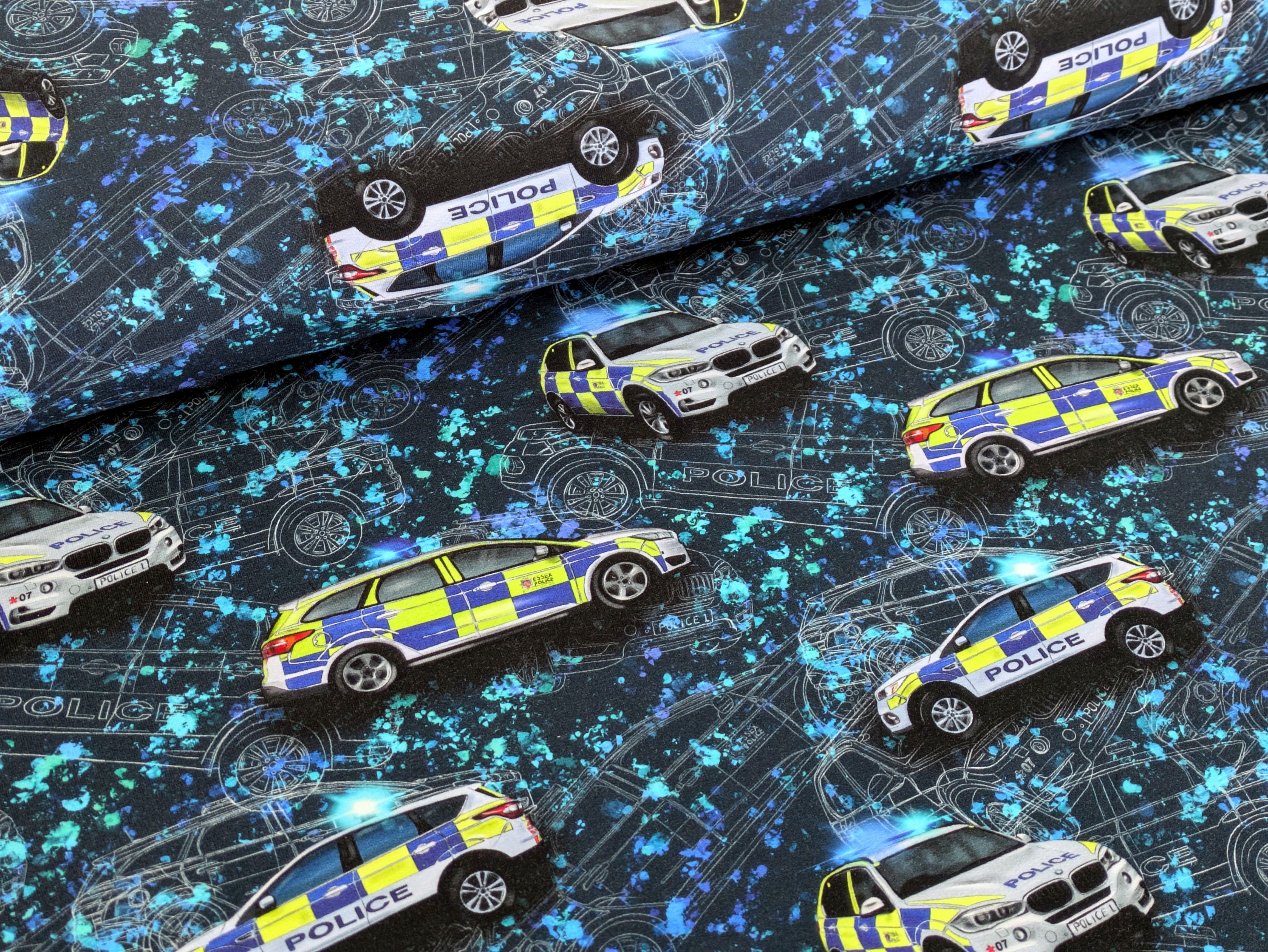 Corileo Stoff Eigenproduktion French Terry Polizei Verkehr Blau Stoff Meterware