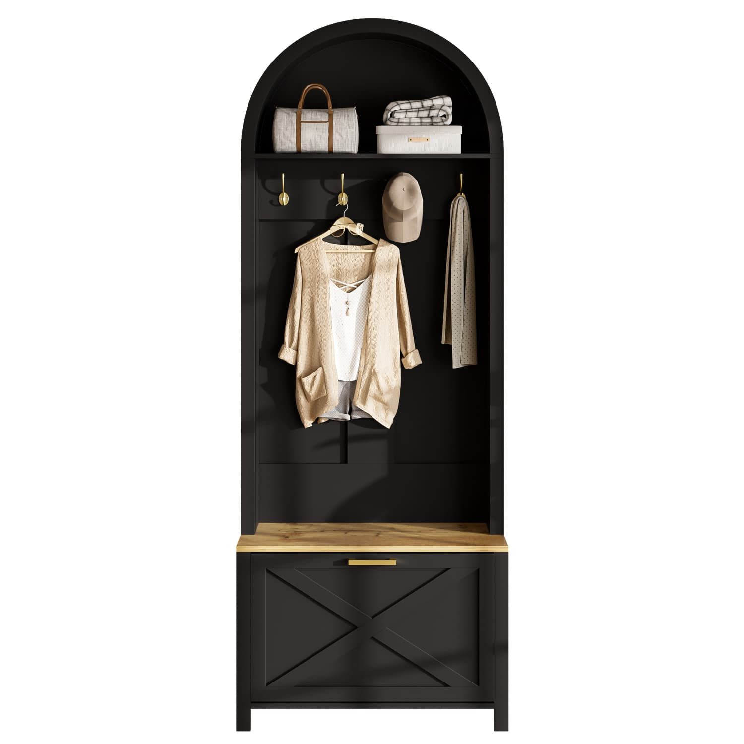 autolock Garderobe Multifunktionaler Шкафыschrank mit Schuhregal,Ablage und Haken, langlebiger MDF Korpus,stabile Eisenfüße,praktische Aufbewahrung
