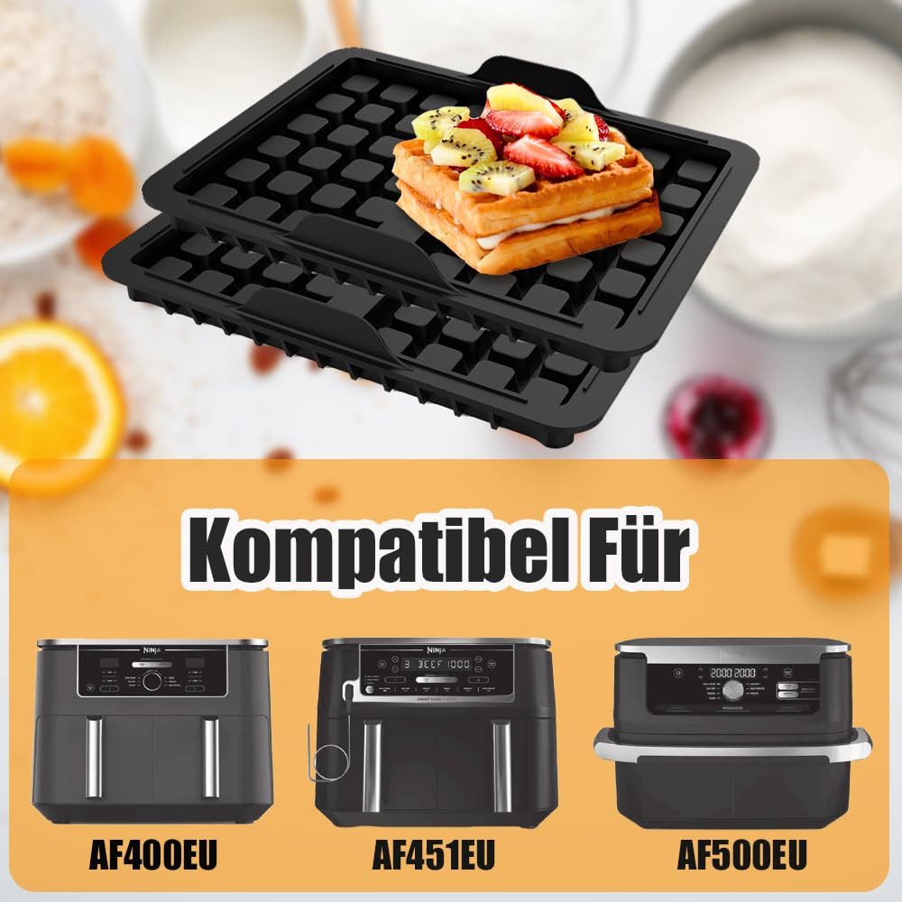SURFOU Backform Waffelformen Waffel-Einsätze für Ninja Heißluftfritteuse – 2 Stück, (Hitzebeständige Waffelformen (bis 230°C) für Ninja AF300EU, AF400EU, AF451EU, AF500DE, SL400EU – Spülmaschinenfest & Antihaft aus Silikon 2-tlg)
