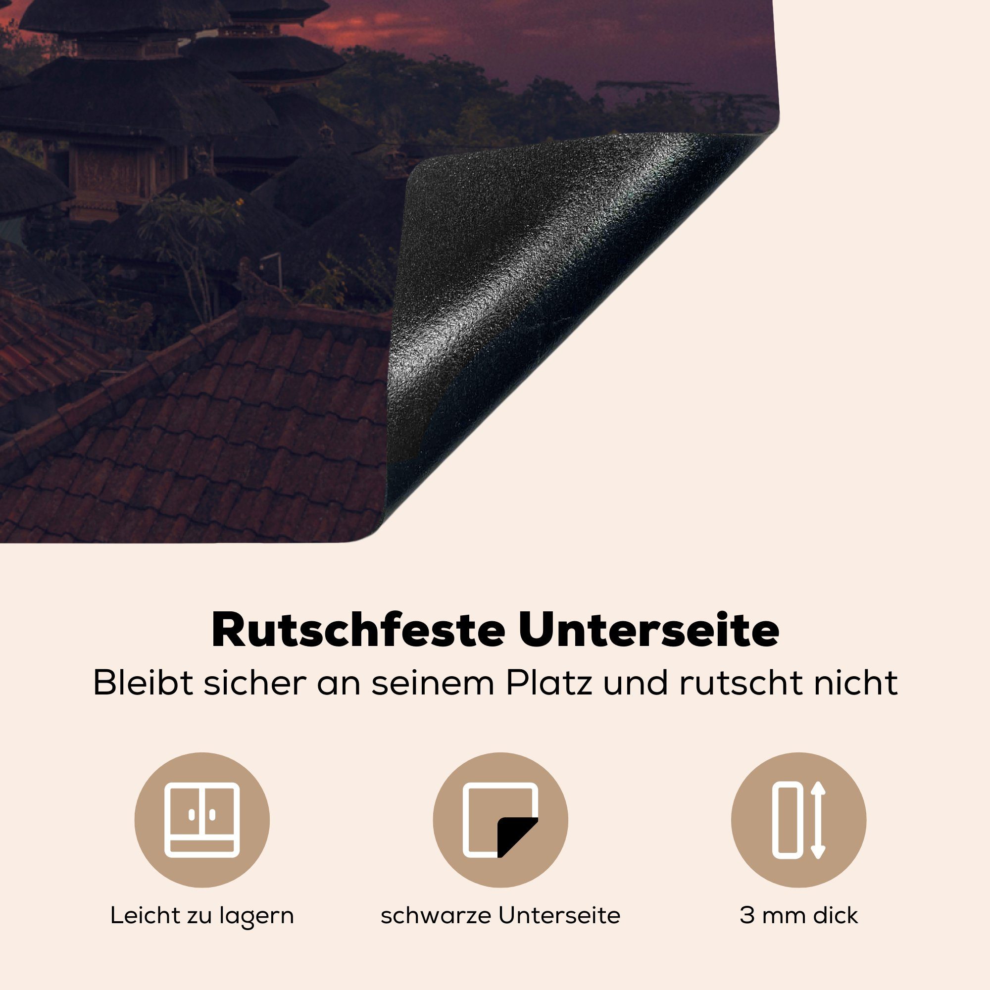 Ceranfeldabdeckung, 78x78 Herdblende-/Abdeckplatte Besakih-Tempel Pura in Vinyl, bei tlg), (1 Sonnenuntergang, küche cm, Bali für Arbeitsplatte MuchoWow