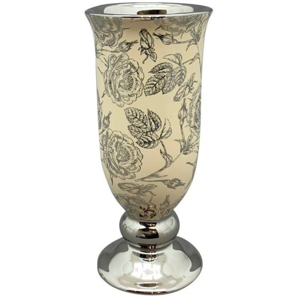 Exner GmbH Garten- & Wohnaccessoires Dekovase Vase Tisch Pokal Beige Silber Rosen Keramik 25 cm, Barockstil