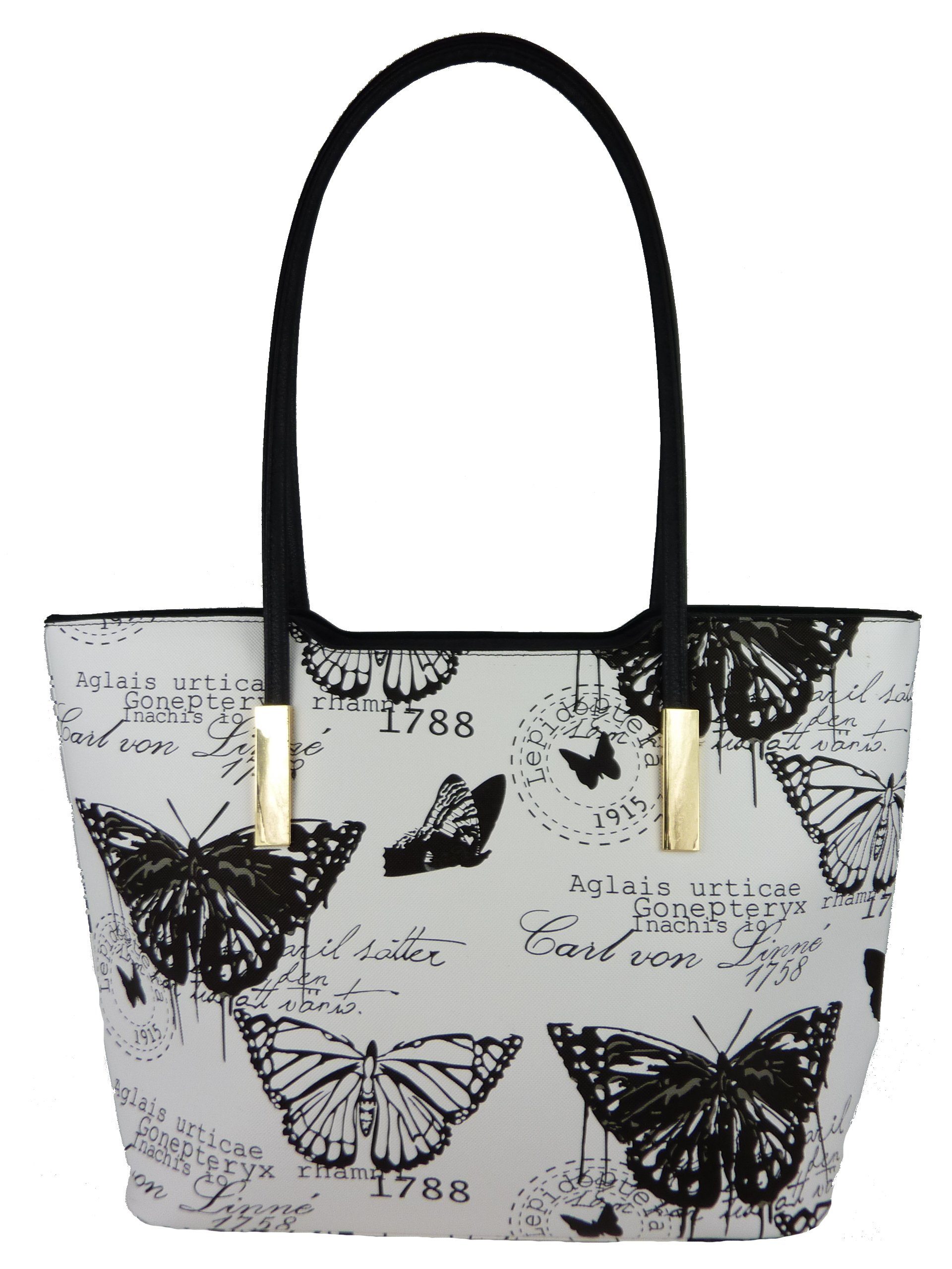 Taschen4life Henkeltasche große Damen Shopper Sommertasche Butterfly 1803, mehrfarbig im Vintage Stil, Schmetterling retro Motive, lange Henkel schwarz