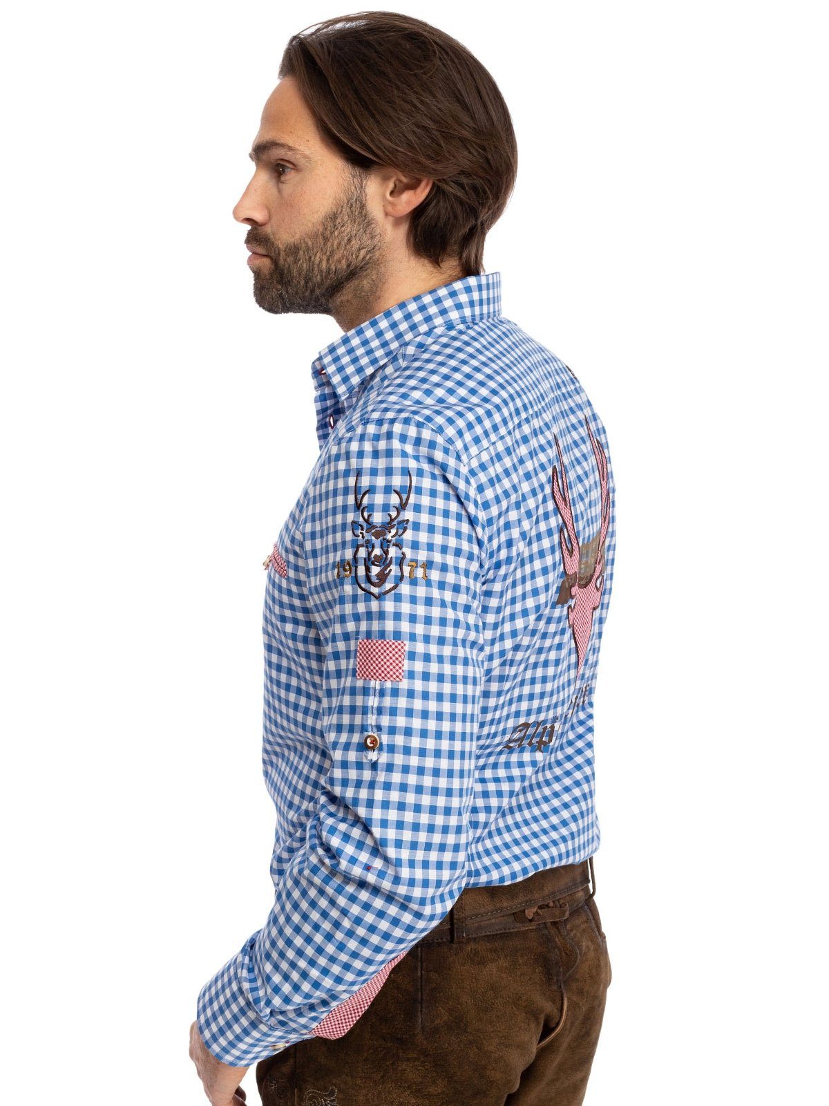 Trachtenhemd HIRSCHKOPP (Slim Fit) Langarmhemd Karo OS-Trachten blau