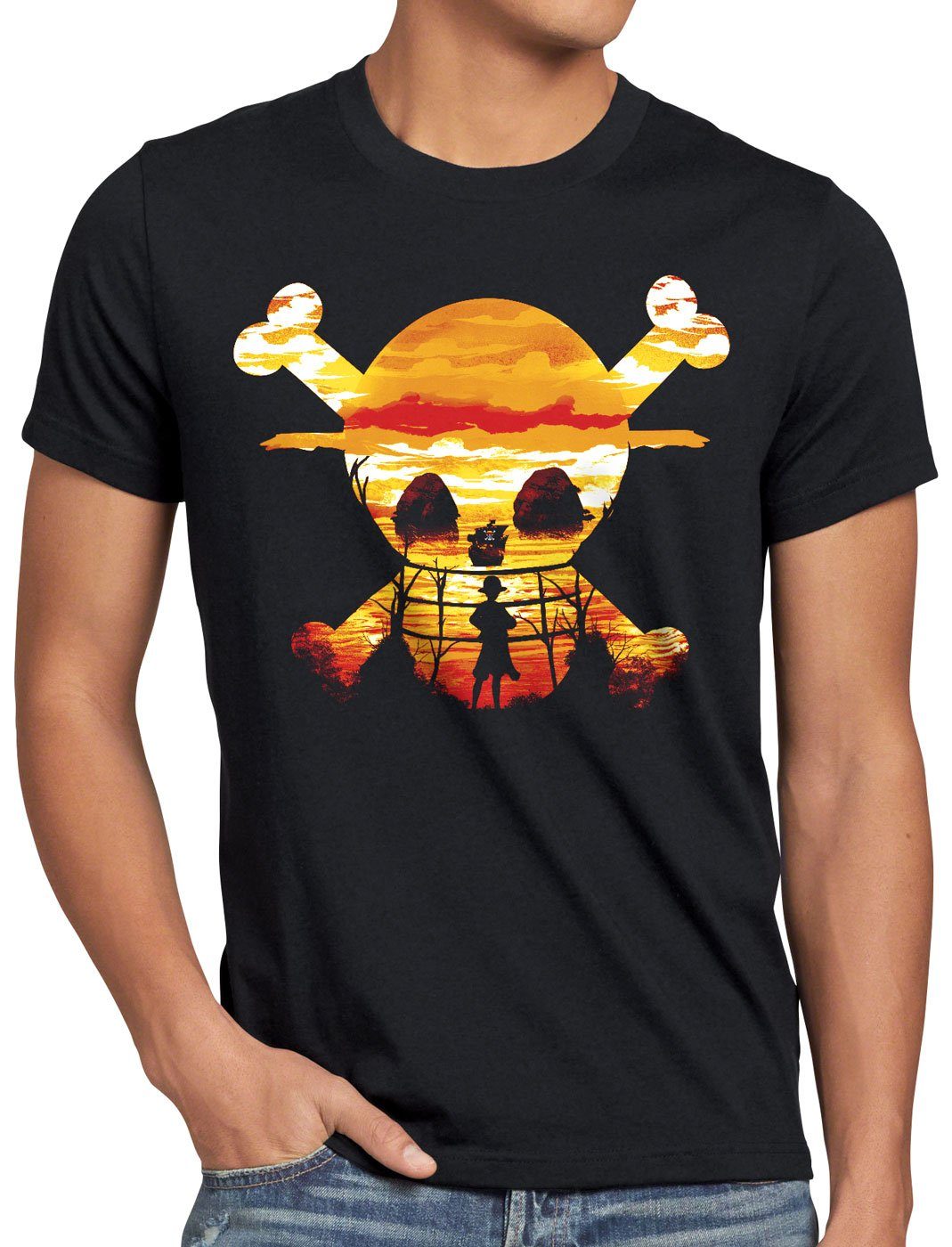 Pirate Herren Print-Shirt anime T-Shirt Sunset piece one style3 japanisch