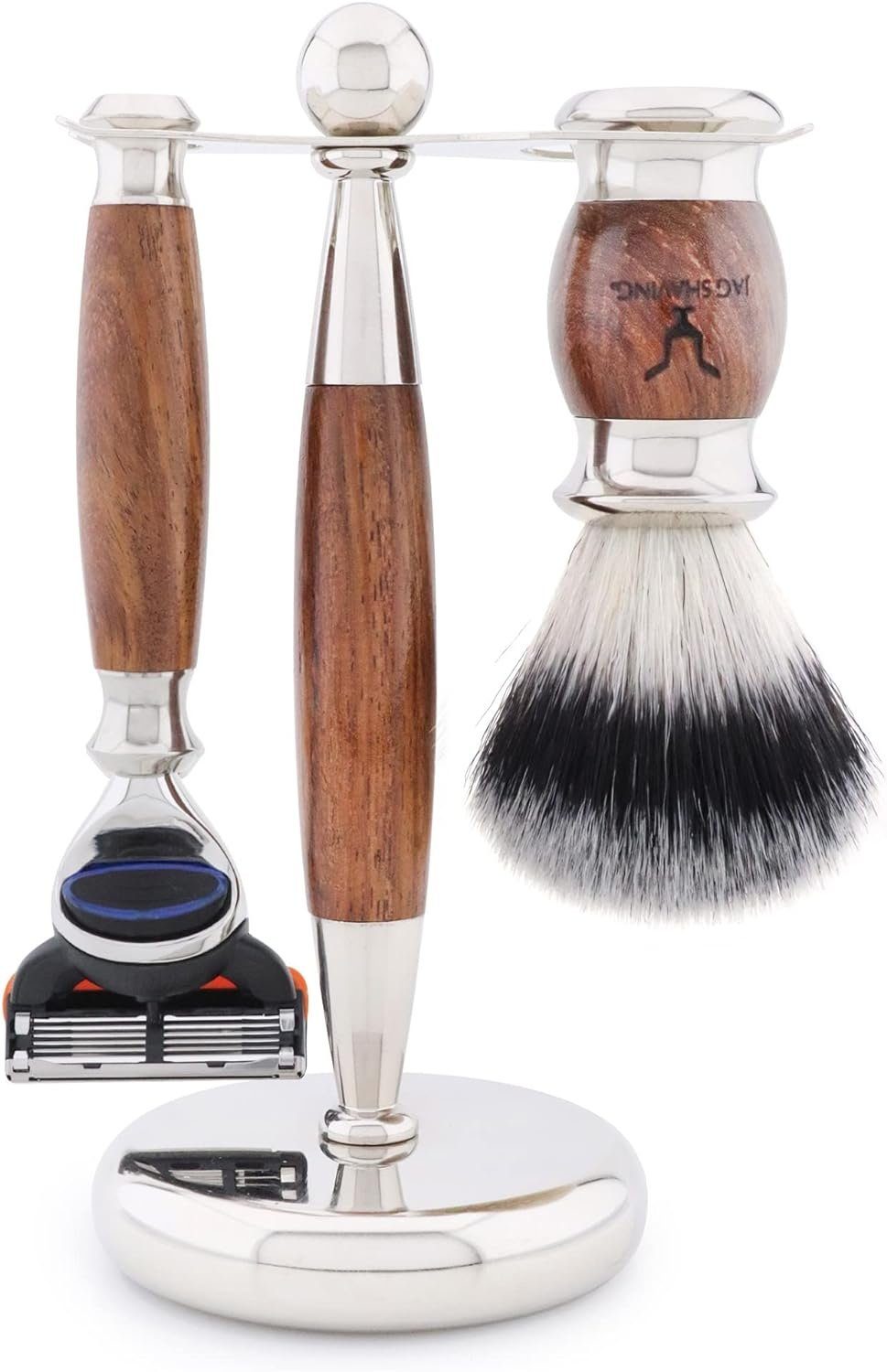 JAG SHAVING Rasierset 4-teiliges Rasierpinsel-Set aus Synthetik und verchromtem Holzmartial, 4-tlg., Gillette Fusion5 Rasierer Synthetik-Rasierpinsel, Doppelhalter, Schale, Beste Hygiene luxuriöses und edles Rasierset für Männer