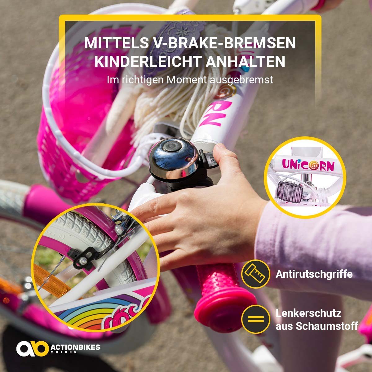 Actionbikes Motors Girls' Bicycle, Unicorn Design, Includes Doll Seat & Basket, 1-Speed, No Gears, (Unicorn Design, 16-inch, Suitable for children 105 cm and taller, 40 kg maximum load, Training Wheels, Bell, Reflectors, Non-Slip Grips, Handlebar Protector, V-Brake, Pneumatic Tires, Mudguards, Pink/White), Height-Adjustable Bike, Suitable for children 4 years and older