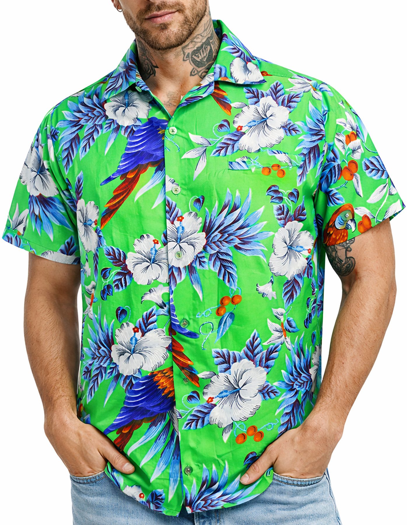 King Kameha Hawaiihemd "Cherry Parrot" Funky Hawaiihemd Herren Kurzarm Fronttasche Sommerhemd