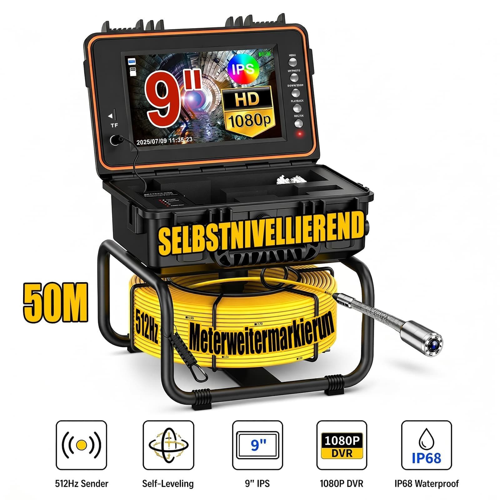 ANYSUN L09D1 Rohrkamera 30M mit Sender, Selbstnivellierung und Meterzähler Inspektionskamera (Kanalkamera mit 23mm Wasserdichter, 9" IPS Bildschirm, 1080P DVR, 5mm Kabel, 5100mAh Akku)