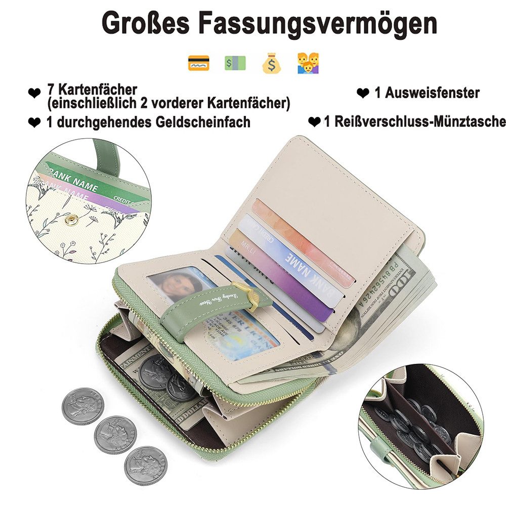 Zaewry Geldbörse Kleine Damen Geldbörse,modisch, niedlicher Margeriten-Aufdruck, Leder, Bifold, kompakt, RFID-geschützt, mit Reißverschlusstasche