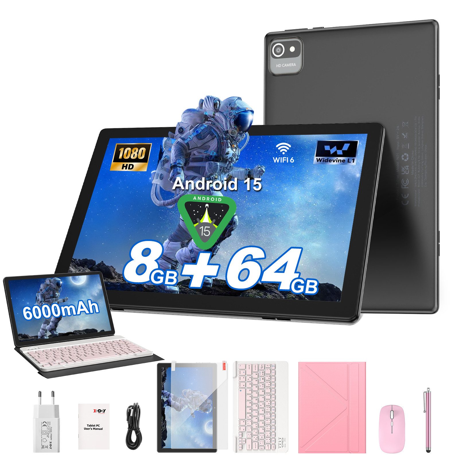 XGODY TAB N01 Tablet 10 Zoll, Android Tablet, 64GB ROM (TF 1TB), 5G WiFi Tablet (10.1", 64 GB, Android 15, 6000 mAh inkl. deutscher Bluetooth-Tastatur, Stift & Hülle – WiFi)