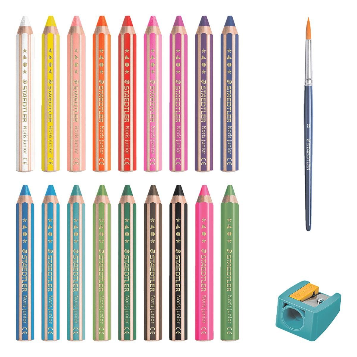STAEDTLER Buntstift Noris® junior, (18-tlg), 3in1 (Bunt-/ Wachs-/ Aquarellstift), inkl. Spitzer & Pinsel