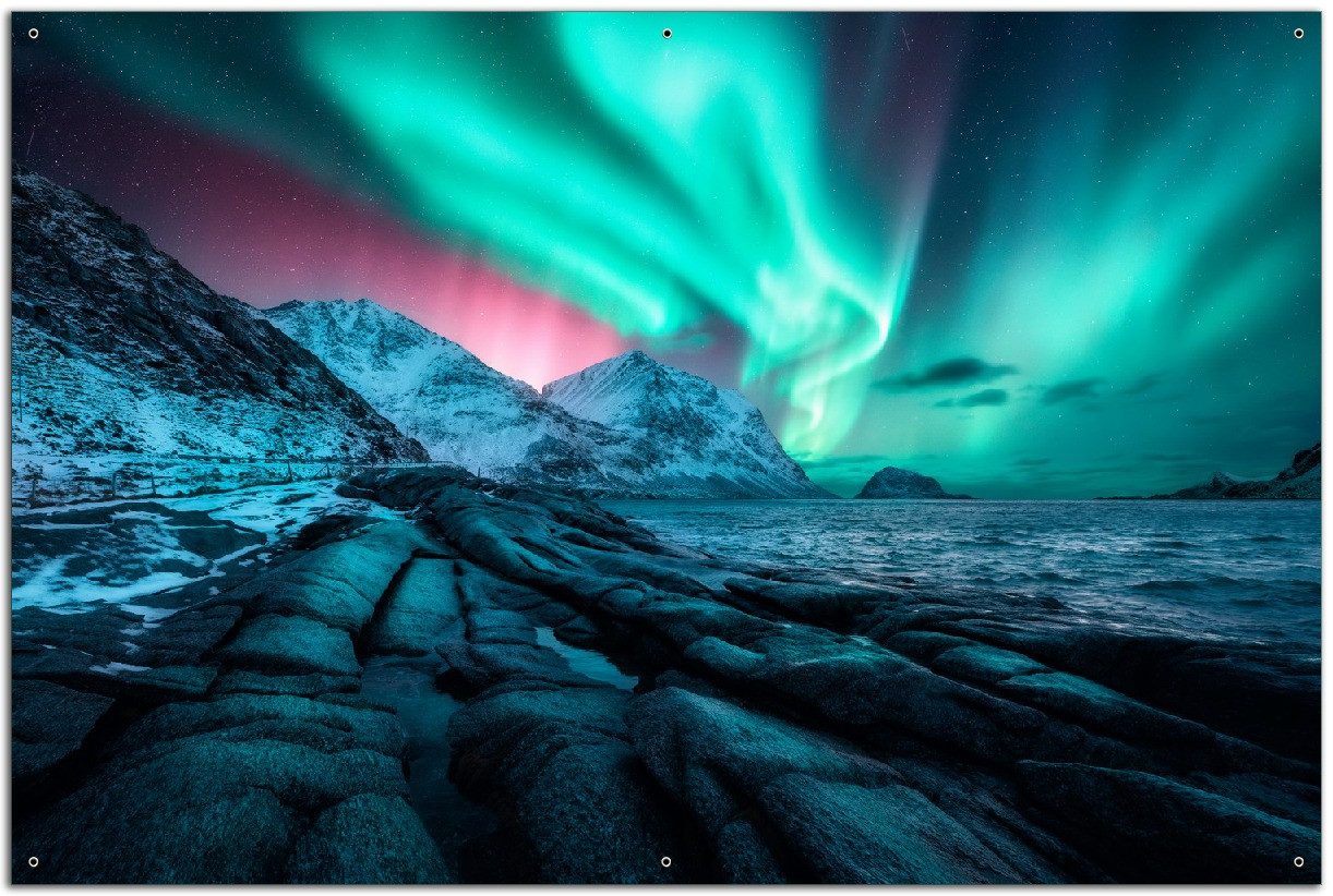 Wallario Sichtschutzzaunmatten Polarlichter über Gebirge