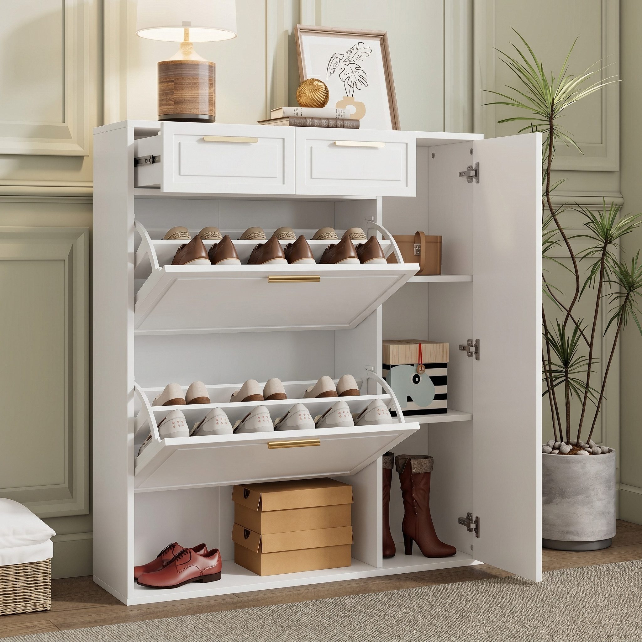 Schuhschrank mit 2 Schuhklappen, 2 Schubladen und 2 Türen Weiß/Schwarz