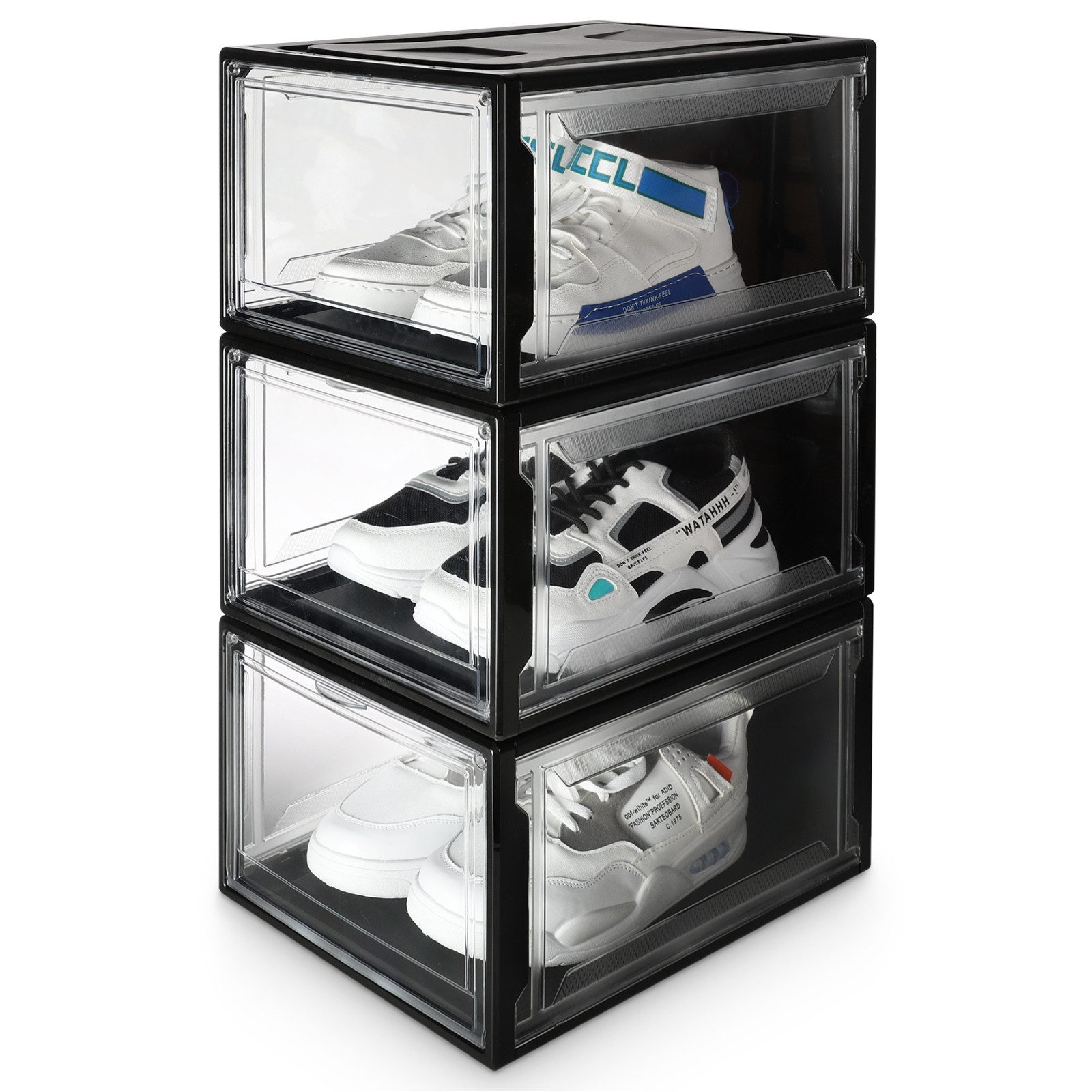 Yorbay Schuhbox 3er Set Schuhbox, stapelbarer Schuhorganizer, Schuhaufbewahrung (Kunststoffbox mit durchsichtiger Tür), Transparent weiß / schwarz, 37 x25,5 x 20 cm, für Schuhe bis Größe 48