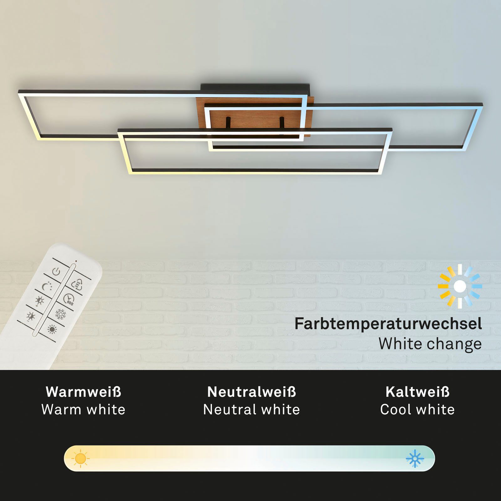 Briloner Leuchten LED Deckenleuchte CCT LED Deckenleuchte, schwarz, Holz, LED/60W