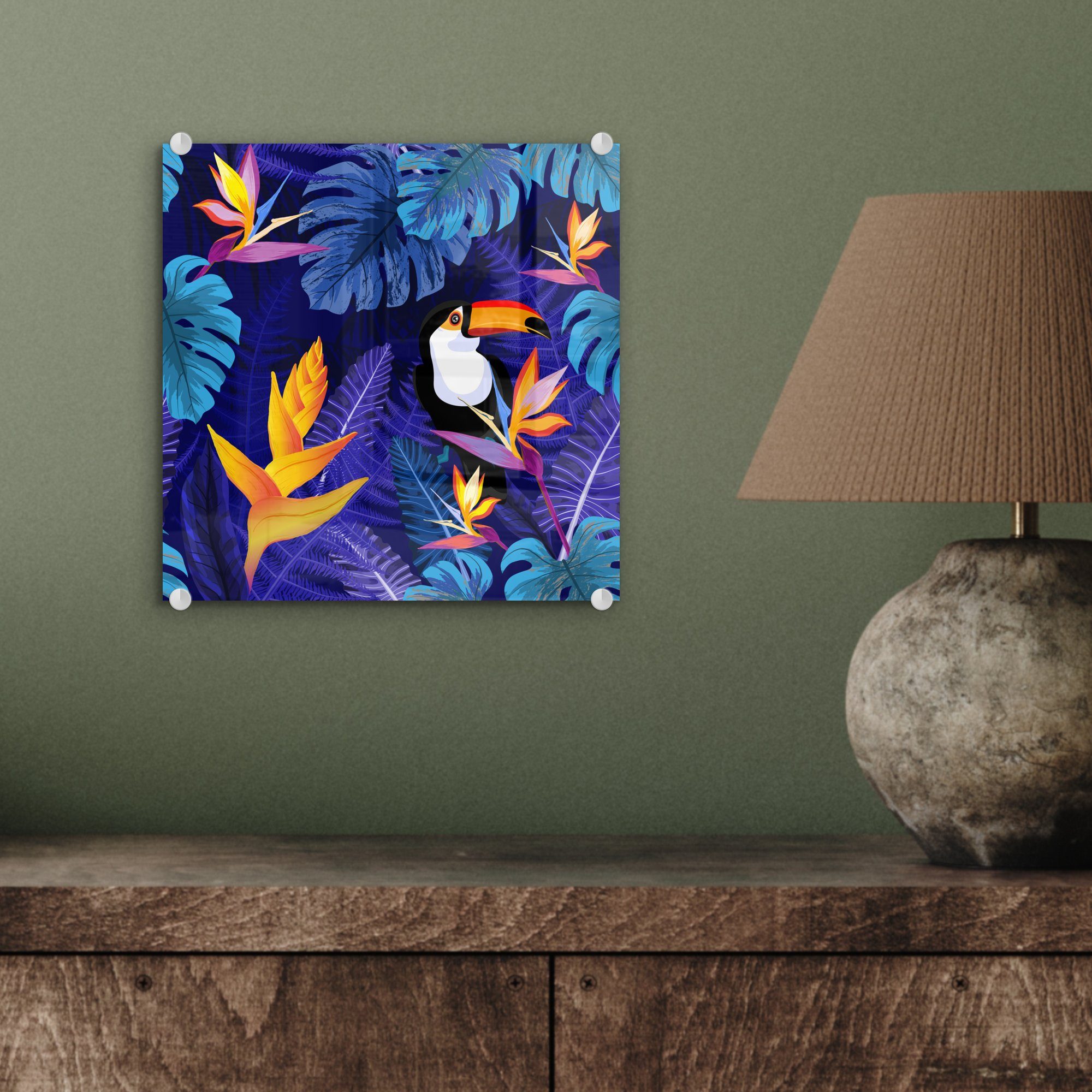 MuchoWow Acrylglasbild Dschungel Tukan - Foto Glas auf Bilder - Kinder St), Glas Lila bunt auf Wanddekoration - - Tiere, - - - Pflanzen - Wandbild - Blumen (1 Glasbilder