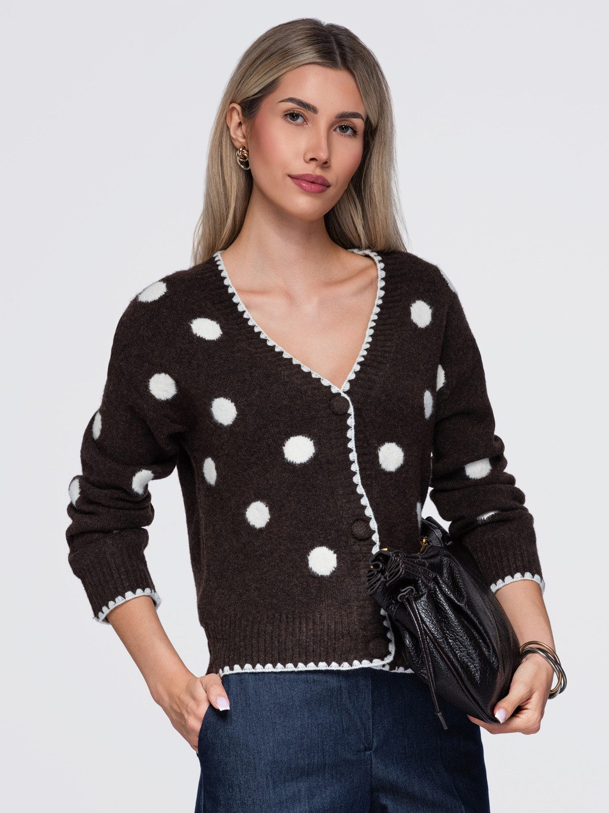 OMBRE Cardigan Damen Cardigan mit V-Ausschnitt und Polka-Dot-Muster Braun ONESIZE (kein Set, 1-tlg) mit V-Ausschnitt