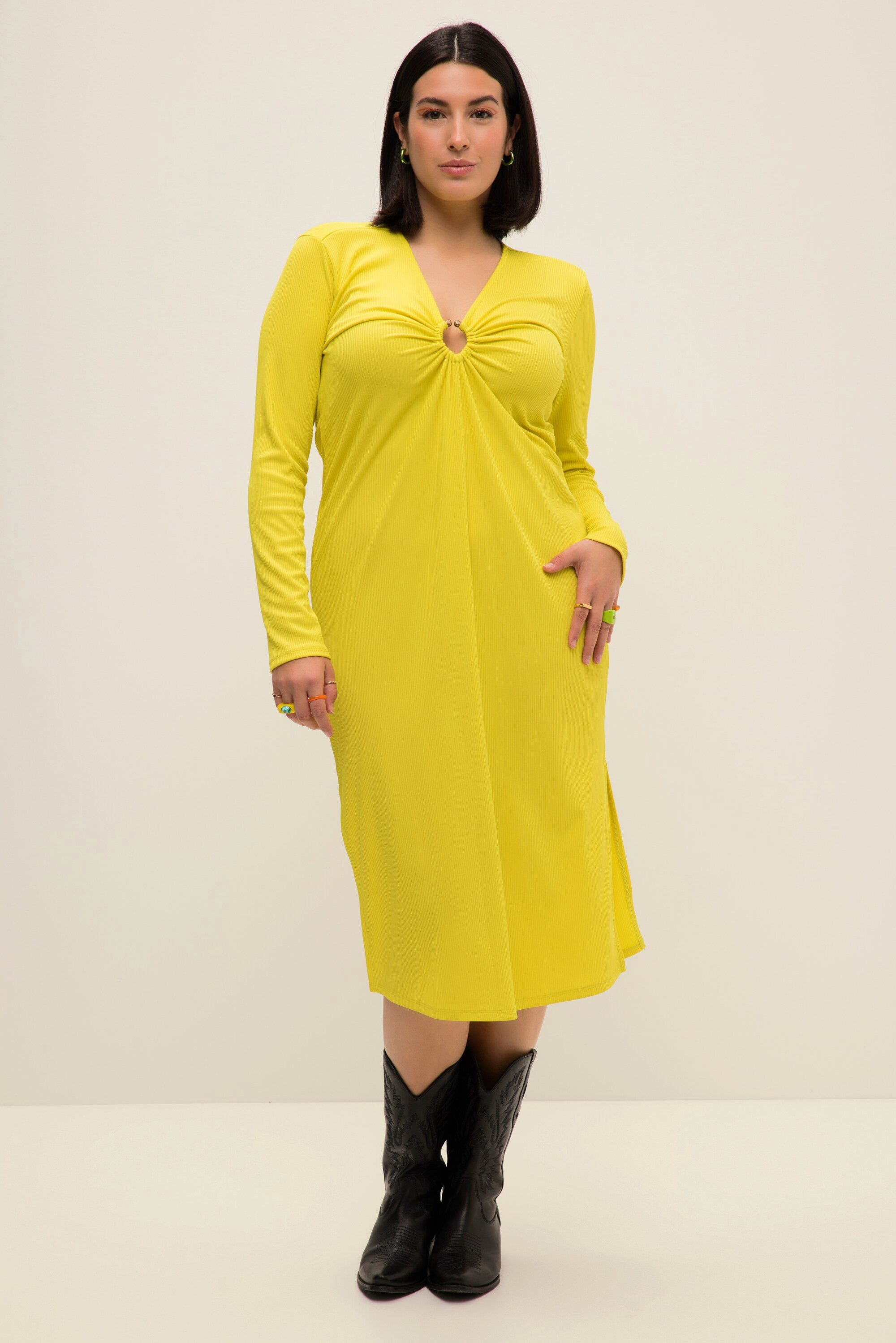 Studio Untold Midikleid Midikleid A-Line Ripp-Jersey V-Ausschnitt Zierring günstig online kaufen