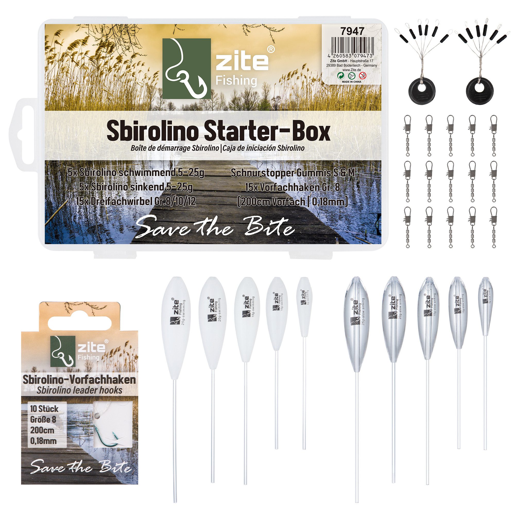 Sbirolino Starterbox Halbsinkend & Schwimmend mit Vorfachhaken, Wirbel & mehr