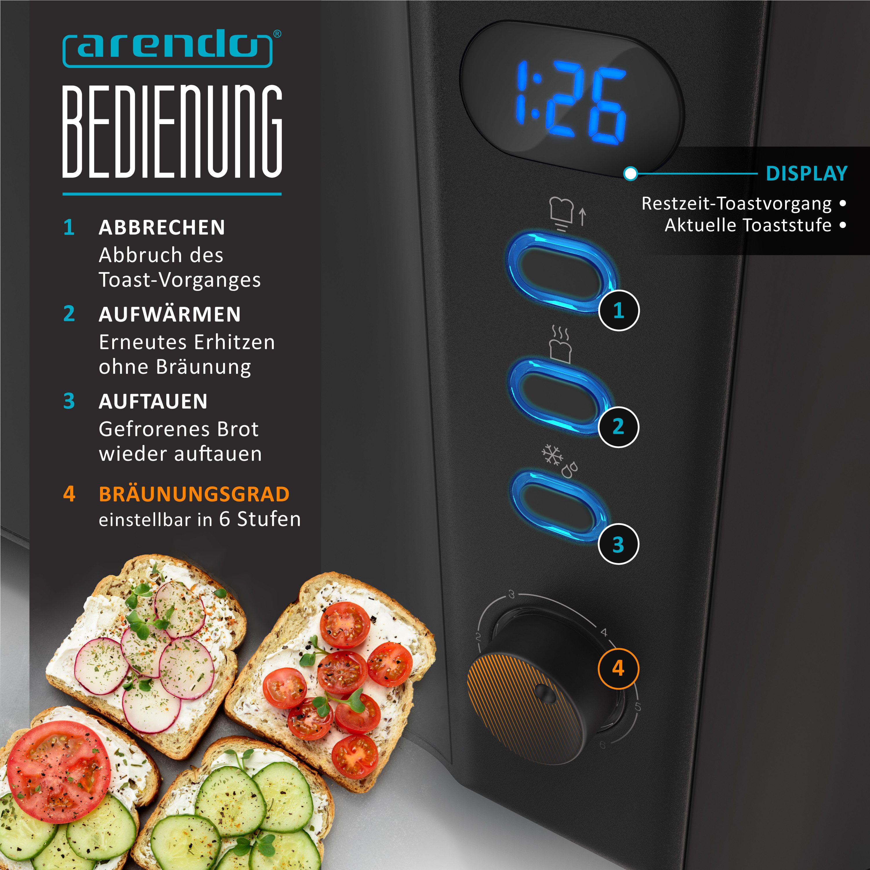 Arendo Toaster Edelstahl, Langschlitz, Display mit Restzeitanzeige, Krümelschublade, 2 lange Schlitze, für 4 Scheiben, 1500 W, Defrost Funktion, Wärmeisolierendes Gehäuse, mit Brötchenaufsatz