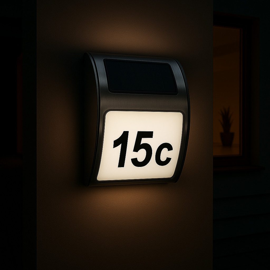 MeLiTec LED Außen-Wandleuchte Solar-Hausnummer mit Nummernset, Solar, LED fest integriert, Tageslichtweiß, Hausnummer mit Beleuchtung und Dämmerungssensor, SH01 SH06 SH07 SH08