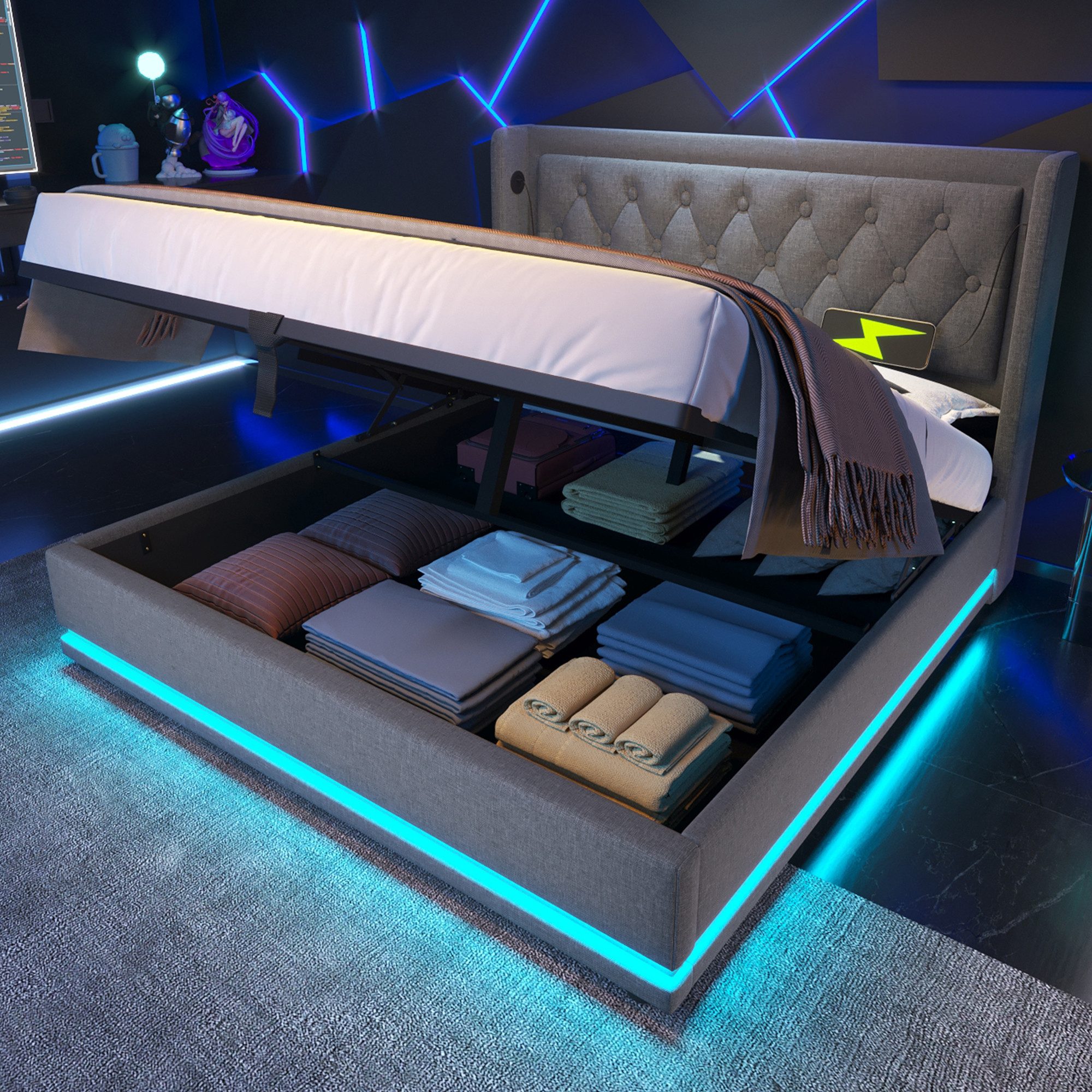 Flieks Polsterbett, LED Hydraulisches Stauraumbett Doppelbett 160x200cm mit günstig online kaufen