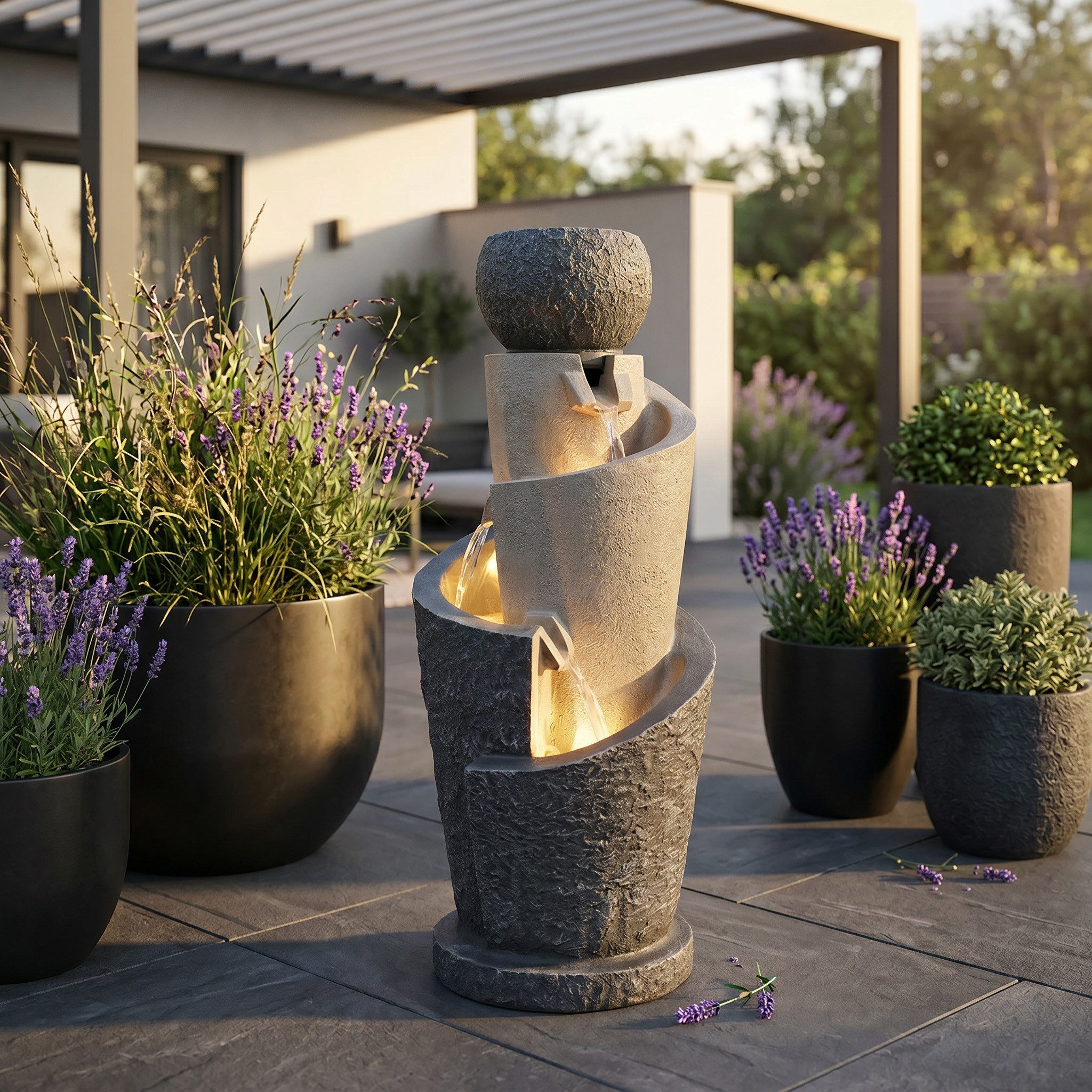 Arnusa Gartenbrunnen Springbrunnen mit LED Beleuchtung inkl. Dekobecken, Gartendekoration Wasserspiel Warmweiß