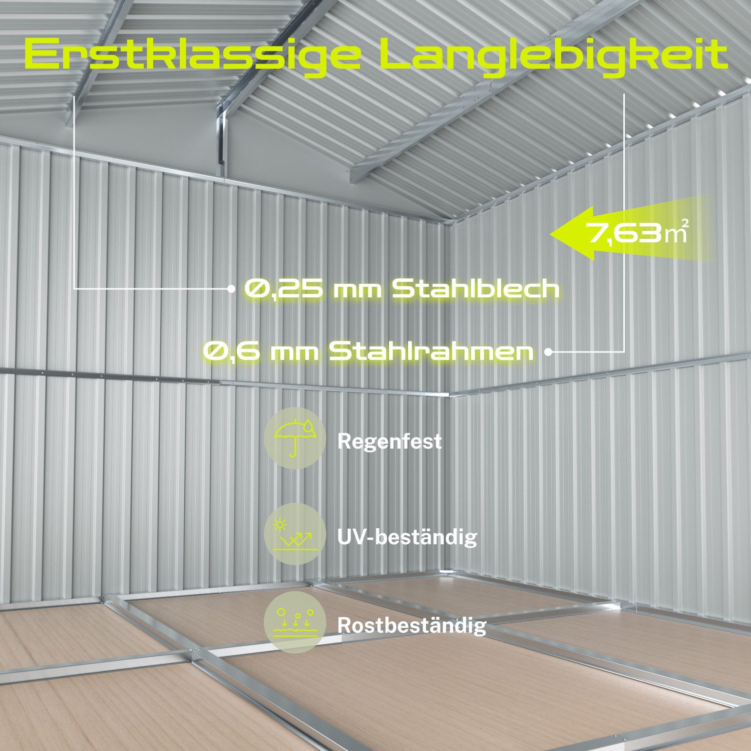 HOMAVO Gerätehaus mit Pultdach, Gartenhaus Metall mit Fundament, mehrere Größen zur Auswahl, mit Belüftungsöffnungen