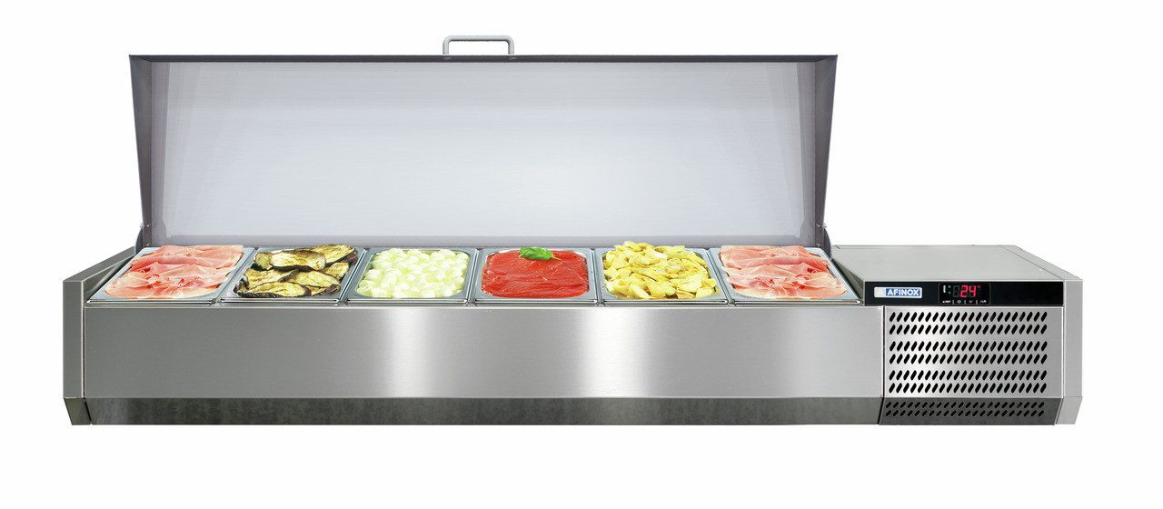 Orange Vitrinenaufsatz Kühlaufsatzvitrine mit Edelstahldeckel 6 x GN 1/3