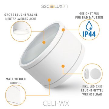 SSC-LUXon Aufbauleuchte CELI-WX Bad Aufbaustrahler flach weiss IP44 mit LED GX53 Leuchtmittel, Neutralweiß