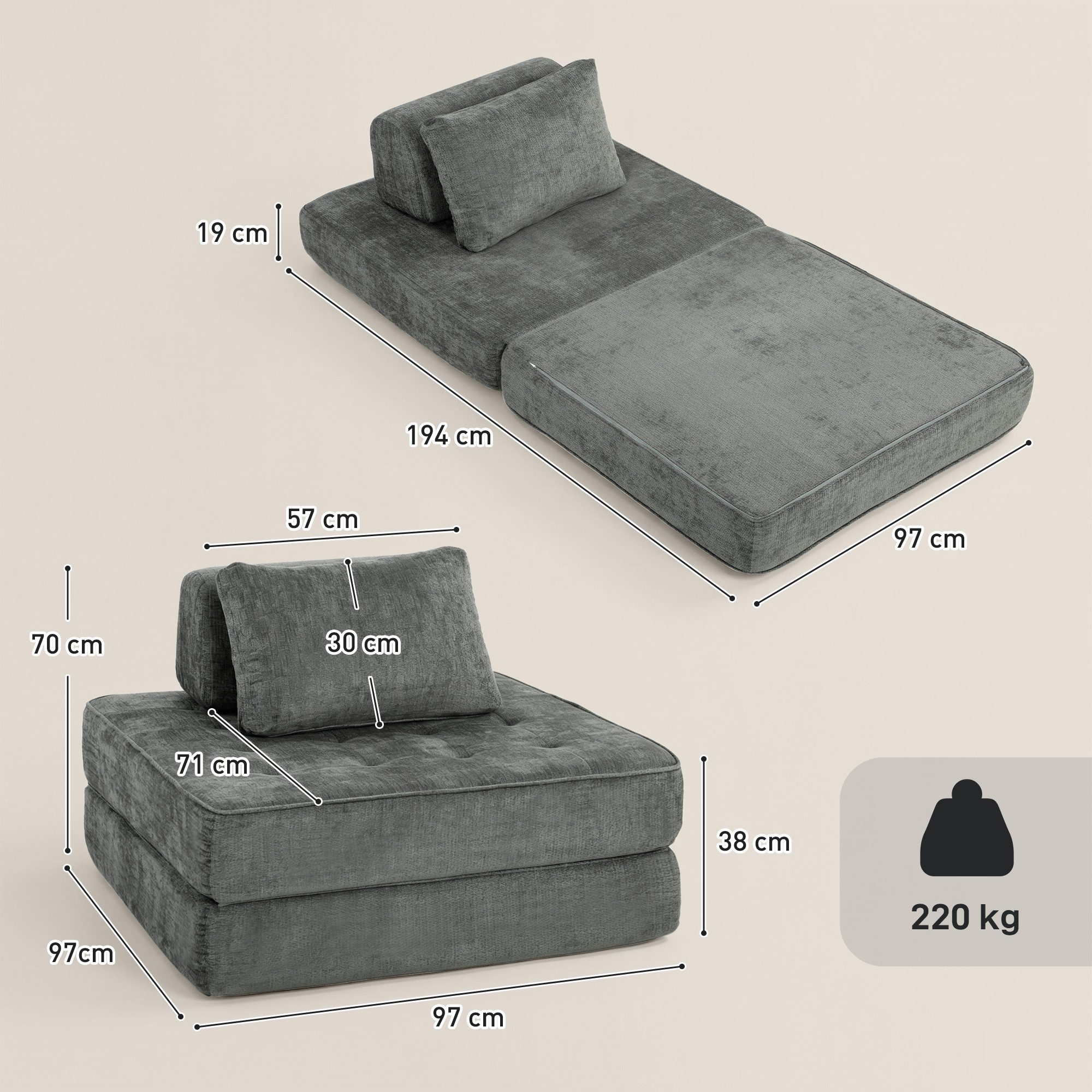 HOMCOM Bodenkissen Klappbar Schlafsessel 2 in 1 mit Schlaffunktion, Kissen, für Wohnzimmer, Schlafzimmer, Grau