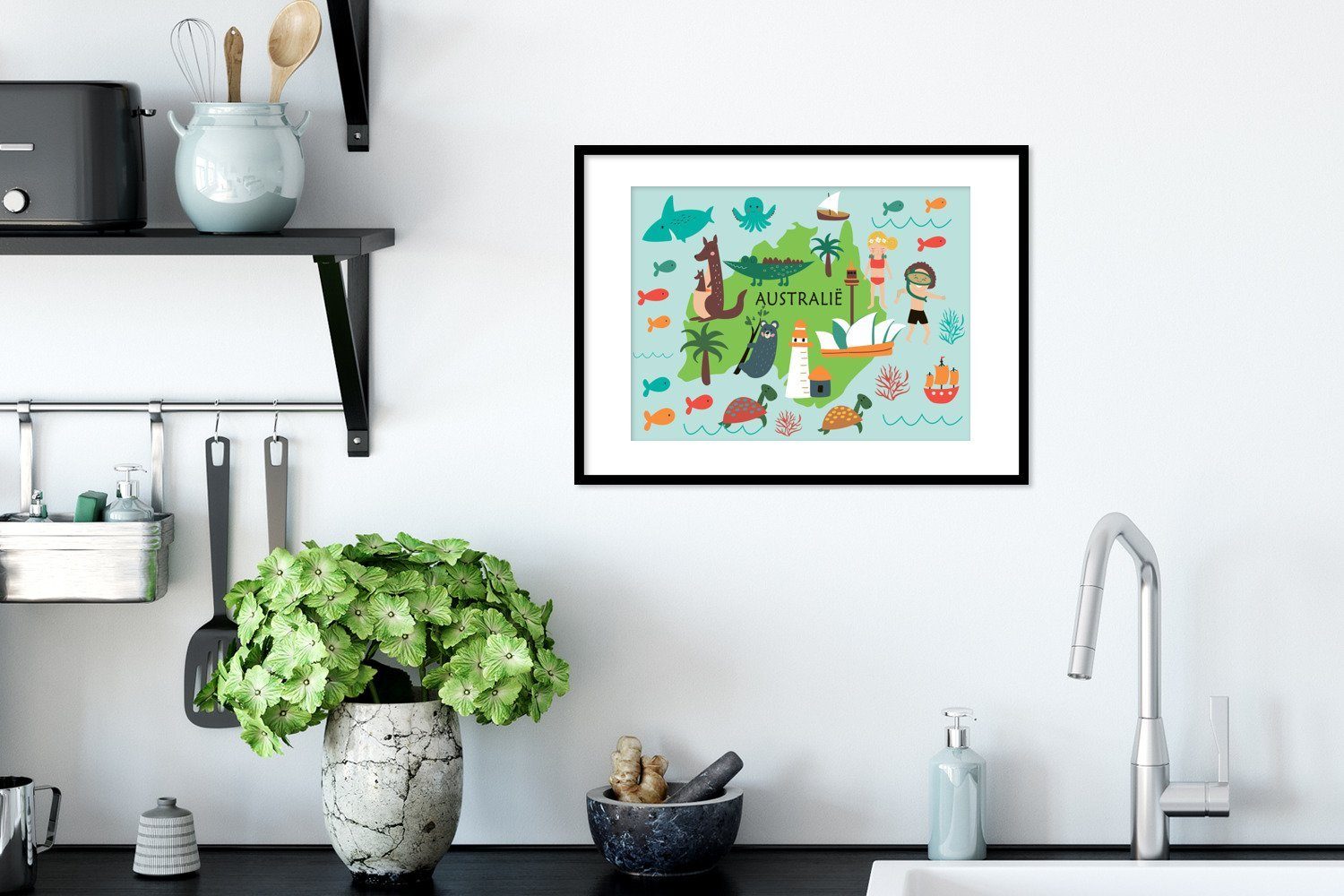 Poster Tiere, - Rahmen, (1 St), Weltkarte Gerahmtes MuchoWow - mit Kinder Poster, Bilderrahmen Schwarzem Australien Kunstdruck,