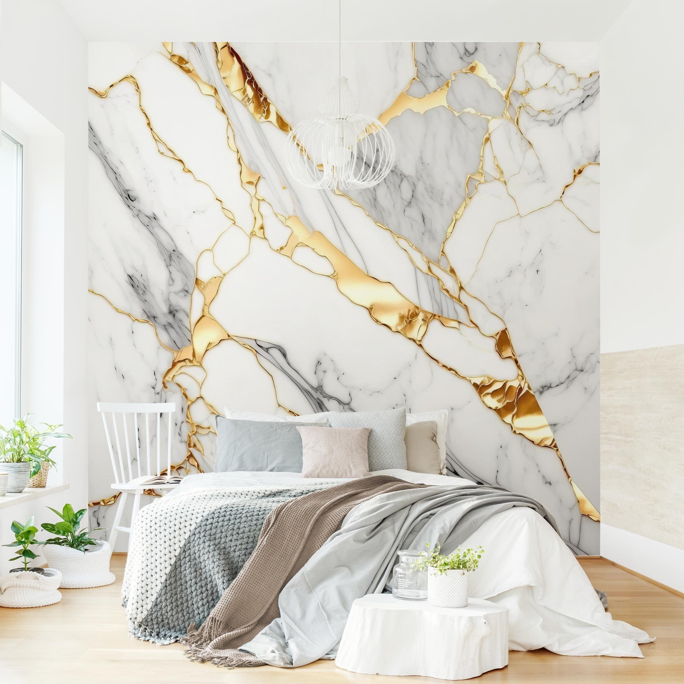 Bilderdepot24 Fototapete Weißer Marmor Goldeffekt Steinoptik, Glatt, Matt, (Vliestapete inkl. Kleister oder selbstklebend), Wohnzimmer Schlafzimmer Küche Flur Motivtapete Vliestapete Wandtapete