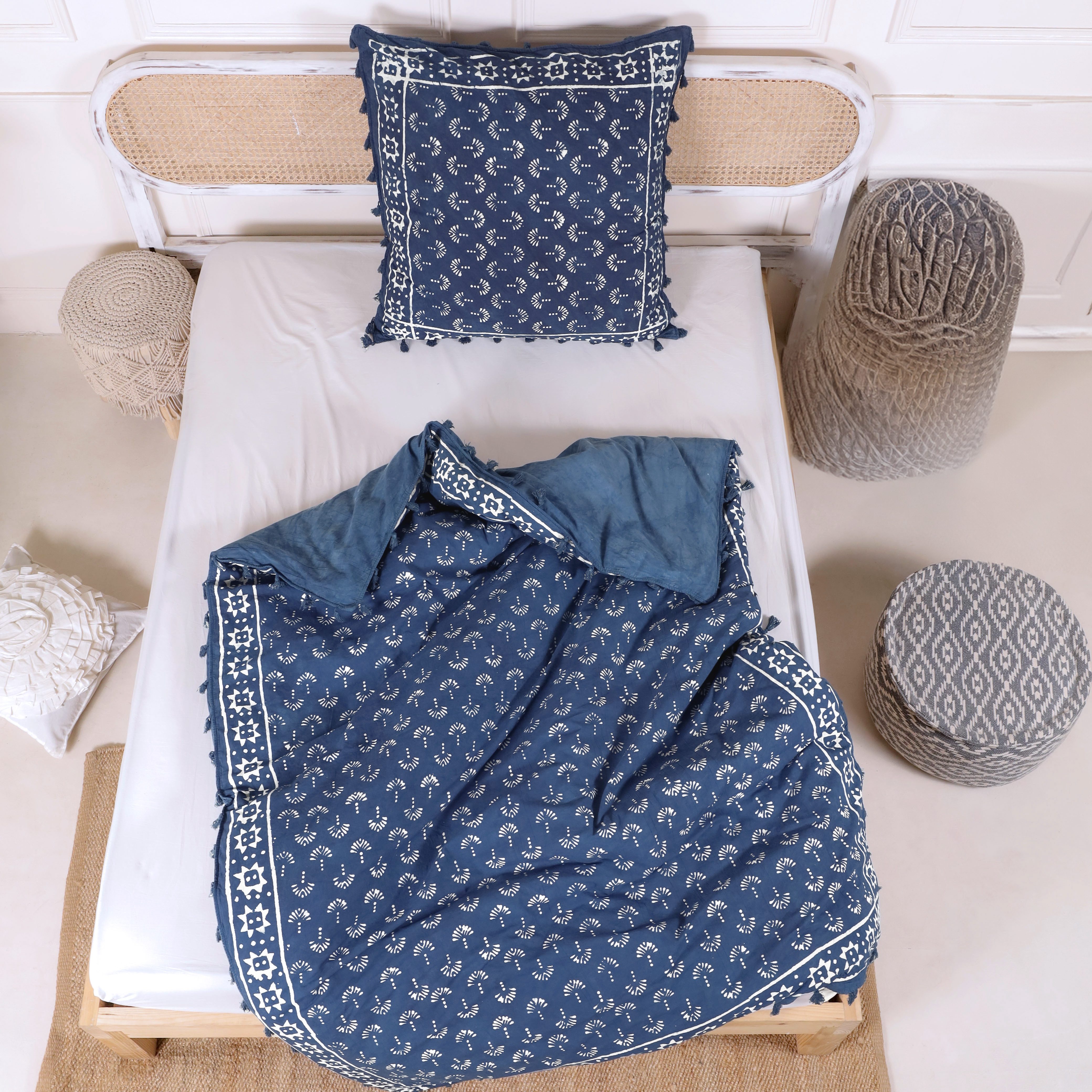 Karmandala Bettbezug Boho Bettbezug Blau Bettwäsche weiche Baumwolle Bohemian Style, Natürliche Baumwolle, mit Indigo gefärbt, frei von Chemikalien