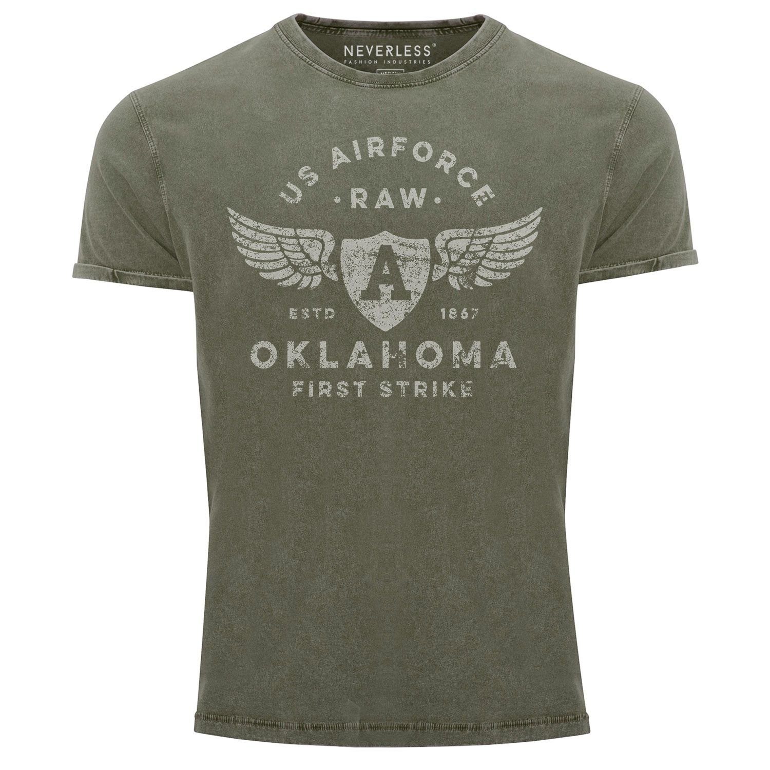 Neverless Print-Shirt Herren Vintage Shirt Print US Airforce Oklahoma Aviator Used Look Slim Fit Neverless® mit Print oliv
