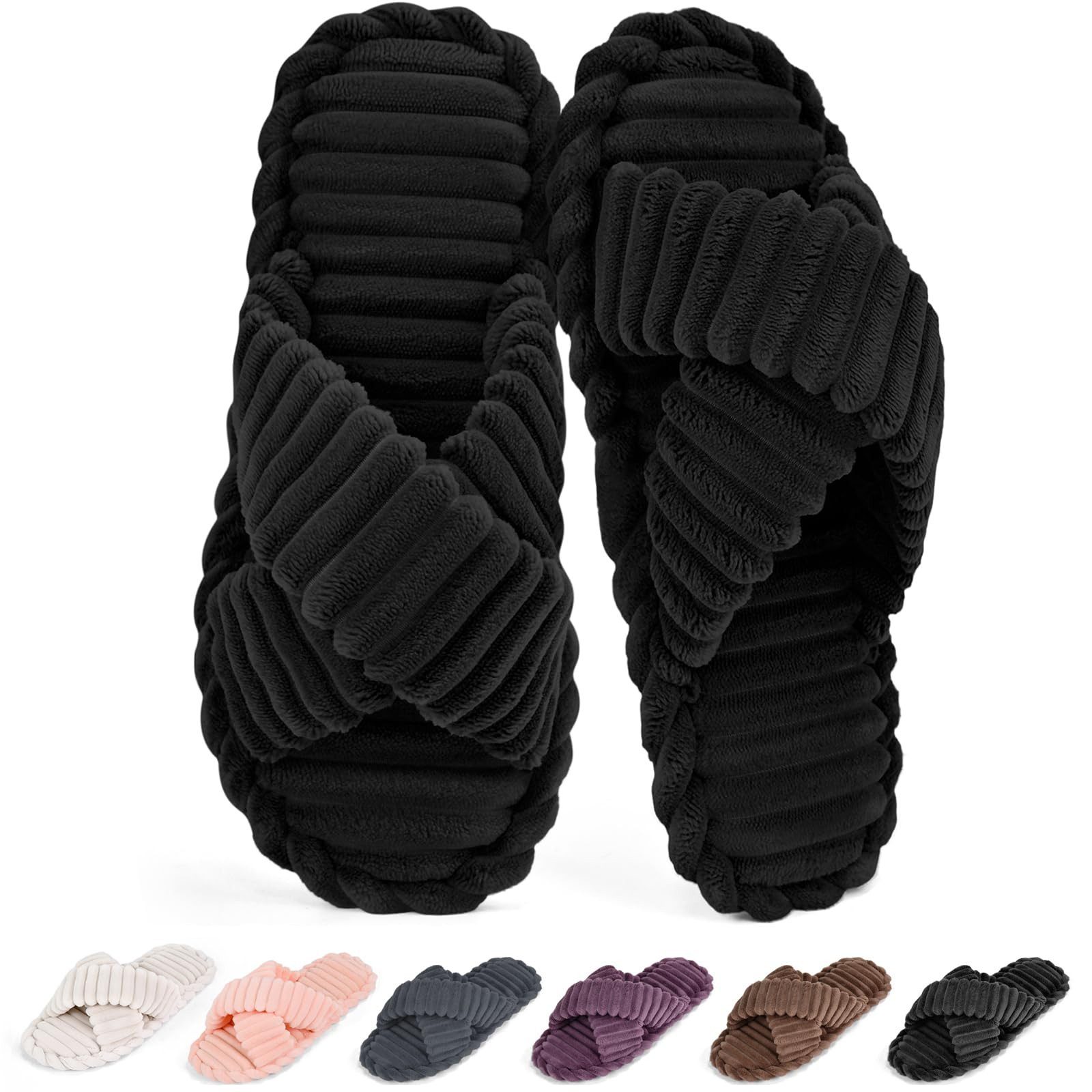 Coonoor Damen Hausschuhe Wohnschuhe, offener Zehen, Querriemen-Schleife Plüsch Hausschuhe rutschfeste Sohle. Bequeme Trend-Slide als stylisches Geschenk