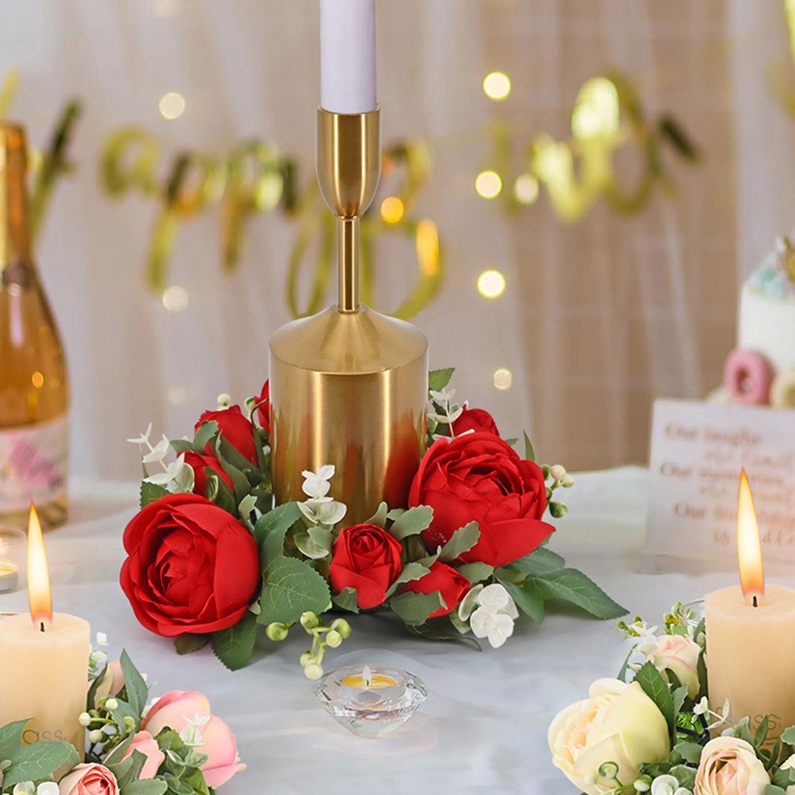 Rutaqian Tischkranz Dekorative Kerzengirlande 2 Stück Tischkerzen Valentinstag Dekoration, Realistische Künstliche Girlande für Zuhause Hochzeitsdekoration Rot