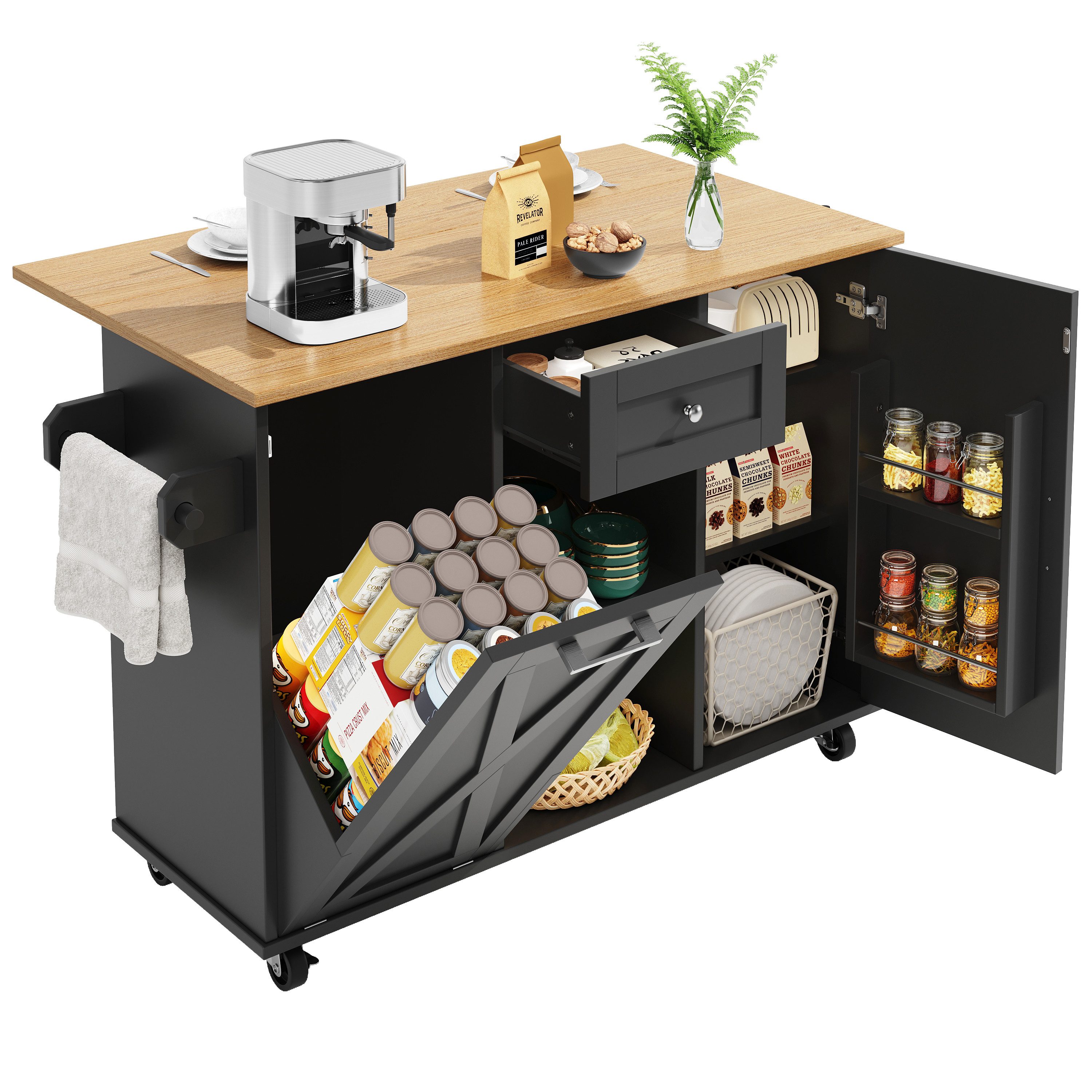 Refined Living Кухніinsel Кухніschrank mit Arbeitsplatte,Servierwagen mit Rollen, Snackregalen, (Multifunktionaler Esstisch mit Stauraum, Кухніwagen Holzmaserung, Кухніmöbel mobil, Buffet-Schrank modern, Кухніwagen mit Metallgriffen, Esstisch & Stauraum Möbel), Großer Stauraum,mit Schublade & Türen,für Küche,Wohnzimmer,Büro