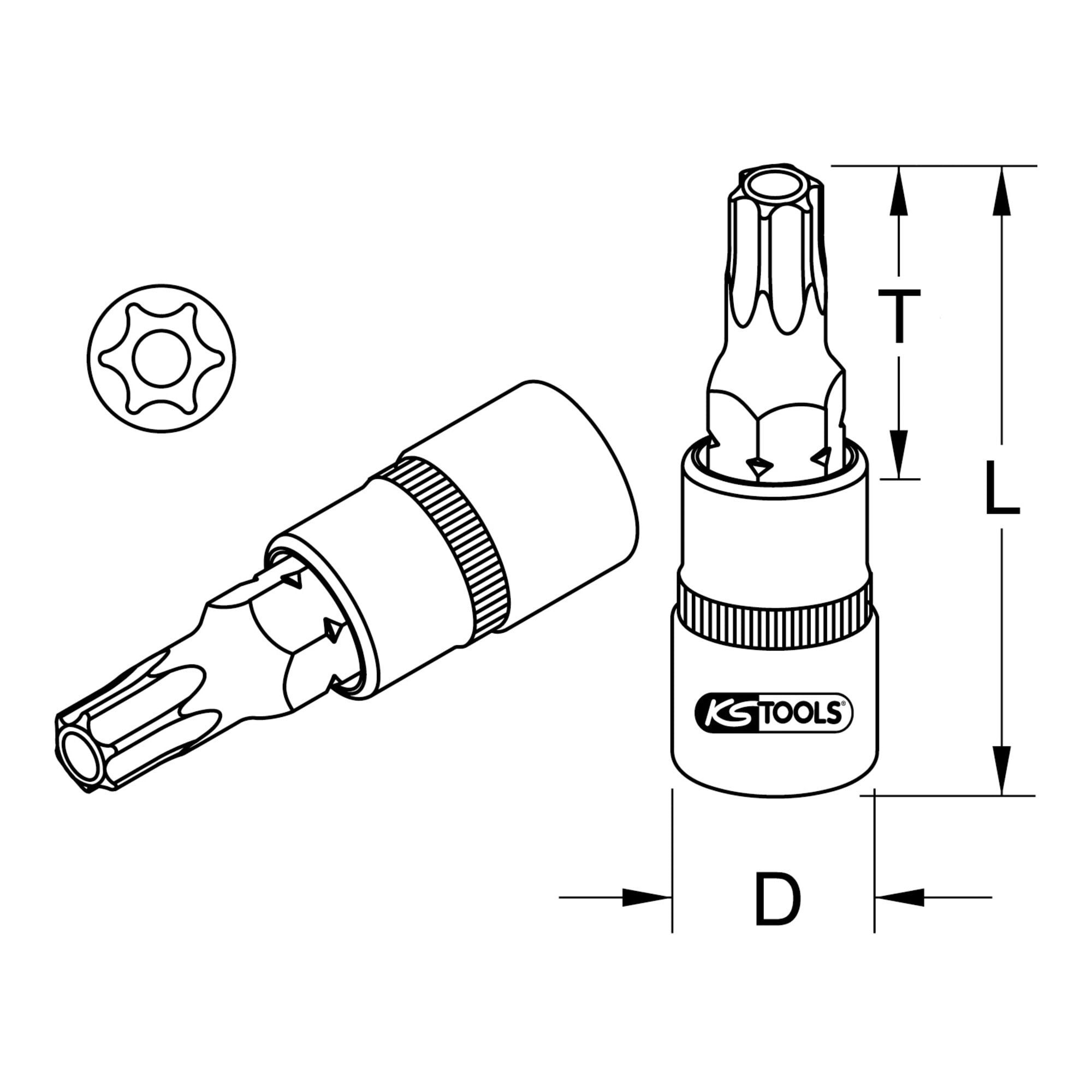 KS Tools Steckschlüssel KS Tools 1/2" CHROMEplus Bit-Stecknuss TX mit Stirnlochbohrung,TB50