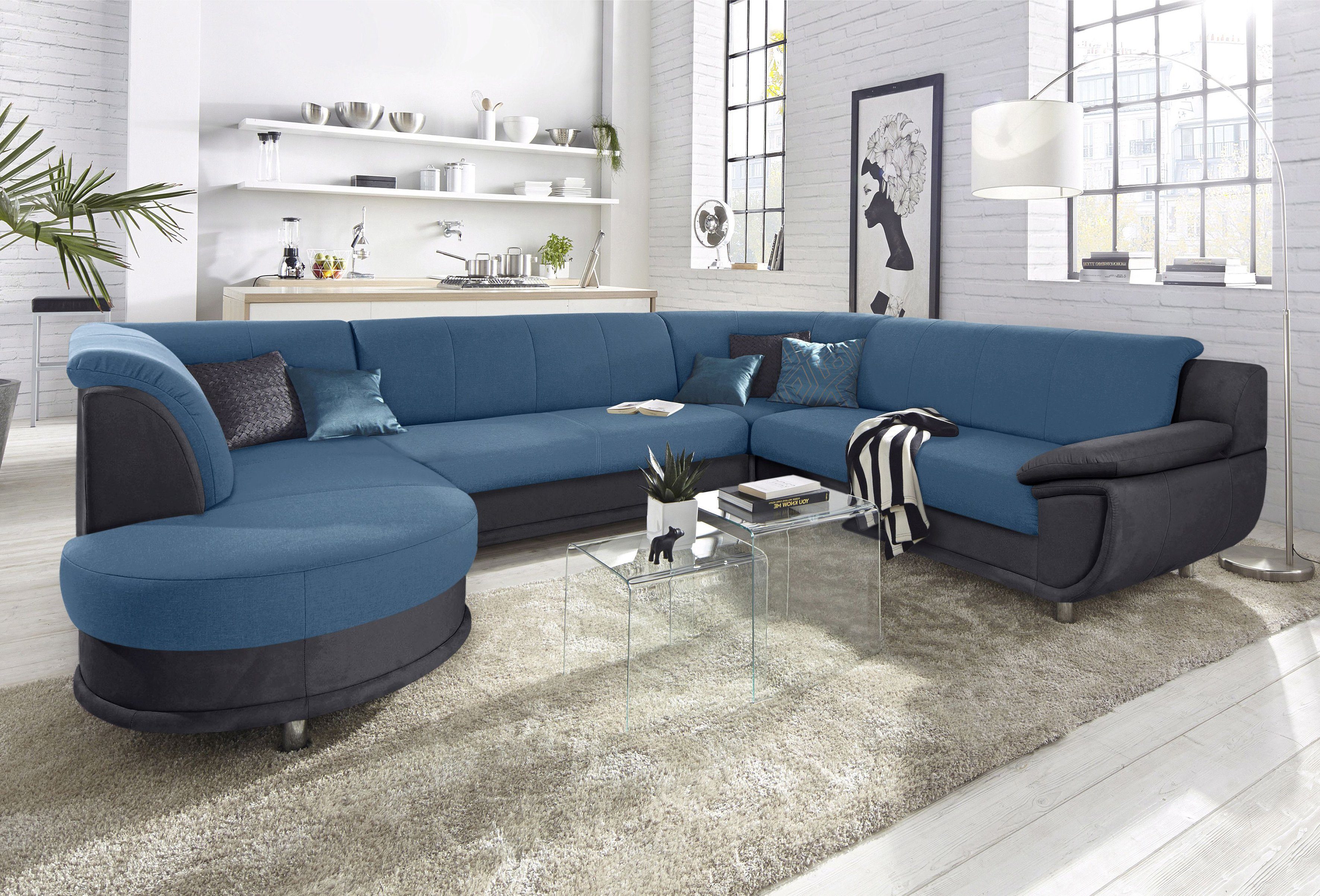 TRENDMANUFAKTUR Wohnlandschaft Rondo 3, zeitlos und modern, im Materialmix, U-Form, wahlweise für mehr Komfort mit Federkern, wahlweise mit Bettfunktion