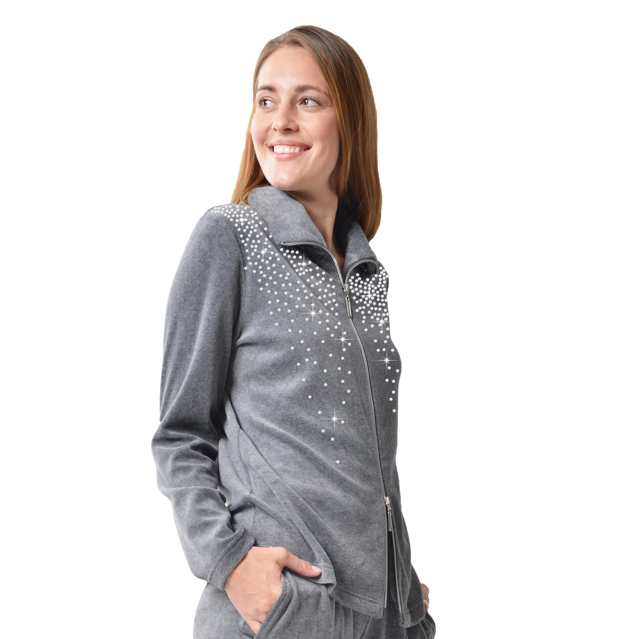 M-Diamant Sweatjacke Eleganten Damen Freizeitjacke Hausjacke Glitzersteinen aus Nicki (Einzeljacke, Einzelartikel) Glitzersteine auf der Brust, samtige Nicki-Struktur